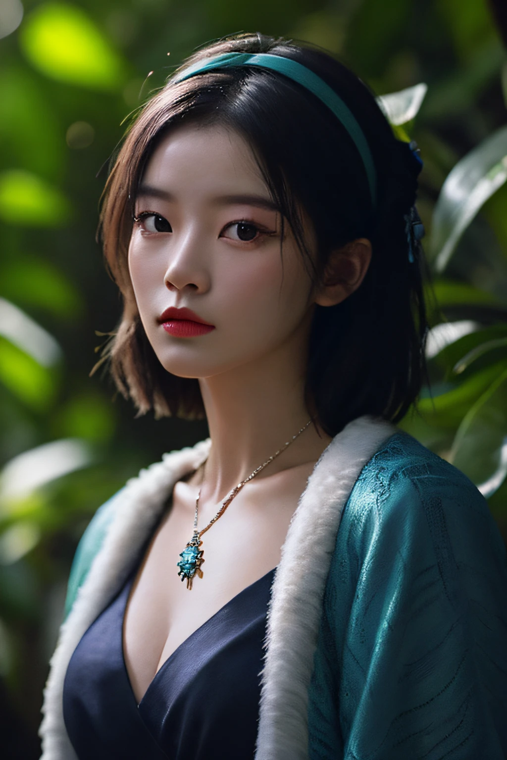 fashion photography portrait of woman avatar, 1girl in blue lush Alien Rainforest with flowers and birds, fantasy, octane render, hdr, Dolby Vision, (intricate details, hyperdetailed:1.2), (natural skin texture, hyperrealism, soft light:1.2), fluffy short hair, , sharp focus, night, necklace, Chinese mythology, cleavage, medium breasts, sci-fi headband, looking at viewer, best quality, perfect body,