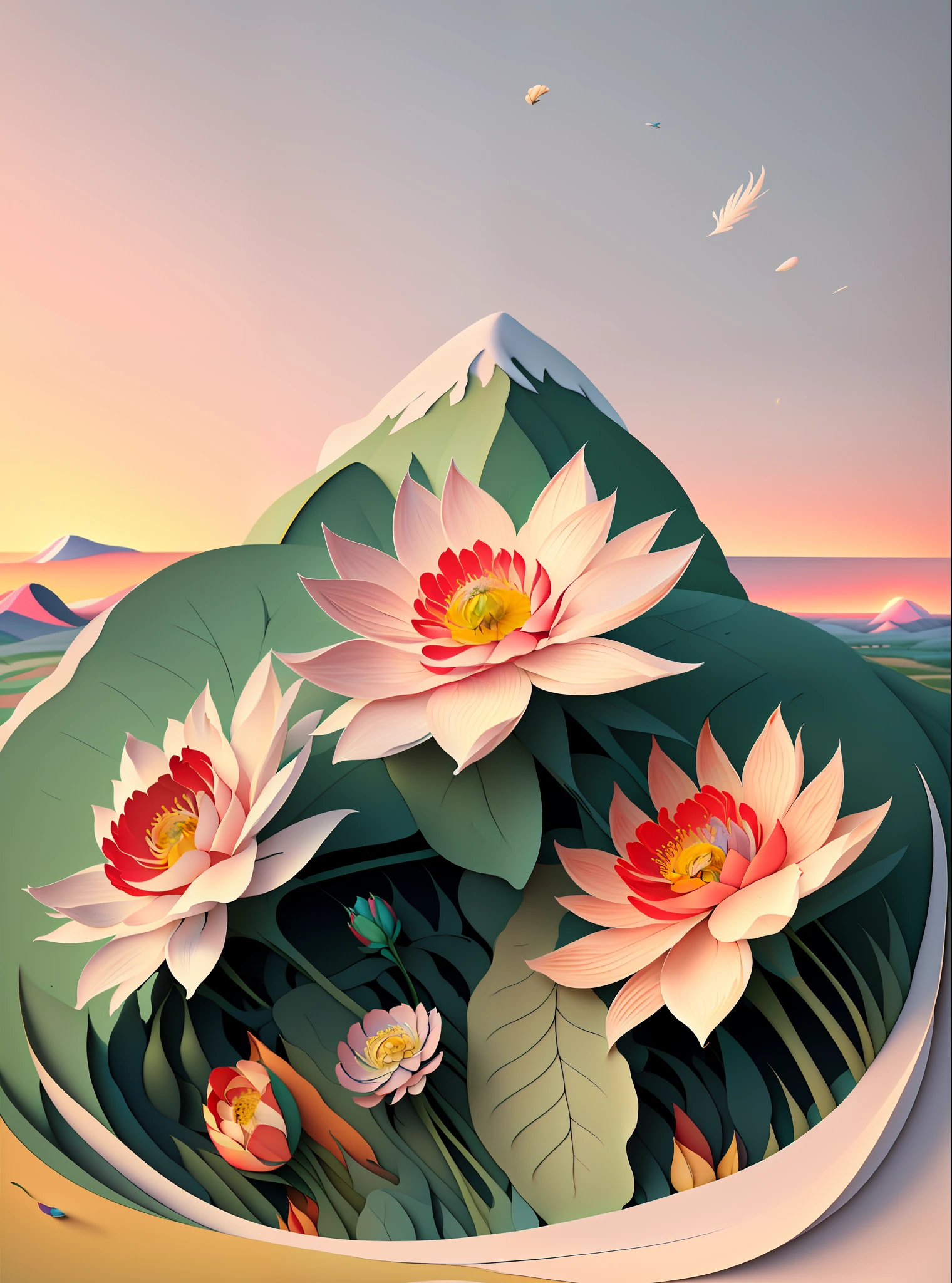 Natural and organic depictions of vast landscapes, sky and steppe, Kelsang flowers in bloom, featuring earth tones and botanical motifs, extracting connections to nature and the environment, influenced by botanical illustrations or environmental art, Softlight, (warm color: 1.15), best quality exquisite details, 3d rendering, Octane render, pastel,