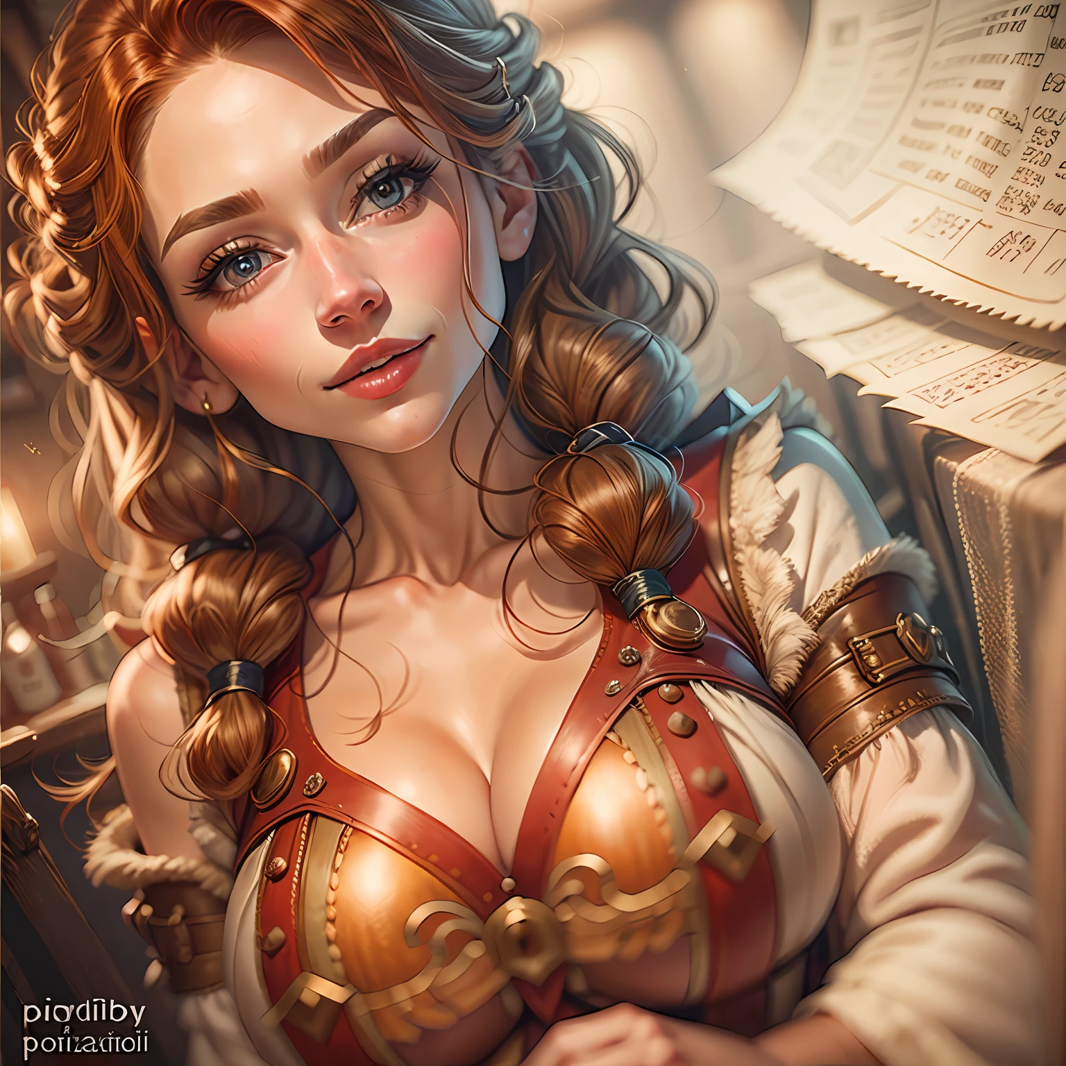 beautiful ginger women in detailed dress at cozy detailed potions shop, air above hair, IPA award wining, masterpiece