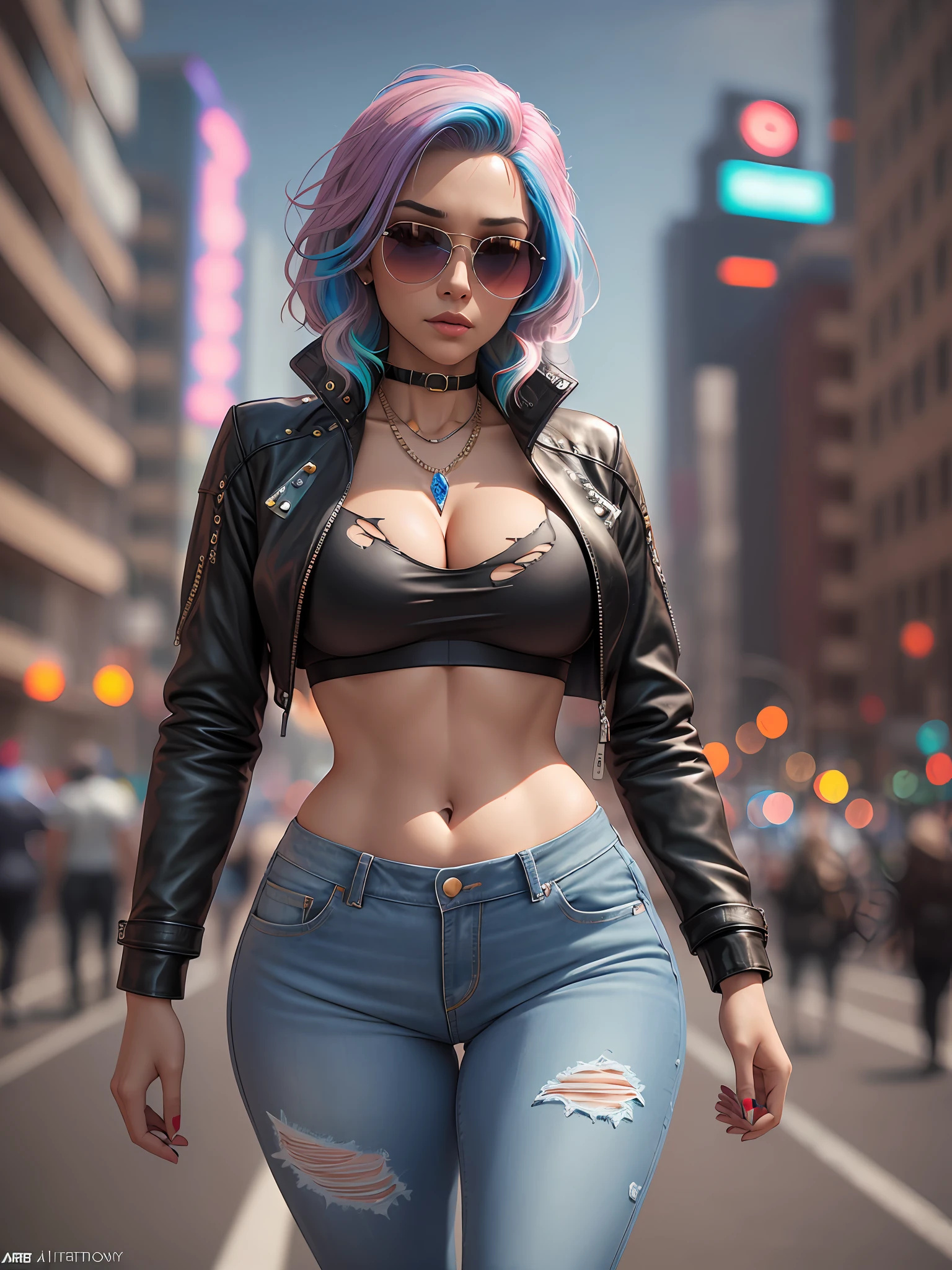 Absurdity, photorealistic, ultra realistic,3D, artstation, cgsociety, 5,000k, award winning photography of a beautiful woman walking at the park, (fashion), (multi color hair:1.2), cheekbones, detailed face, Bejeweled, a nice long leather jacket, torn jeans, sheer top, (exquisitely detailed skin, perfect anatomy, wide hips, thicc ass, smooth midriff, thigh gap), sunglasses, colorful, cyberpunk vampire sytle