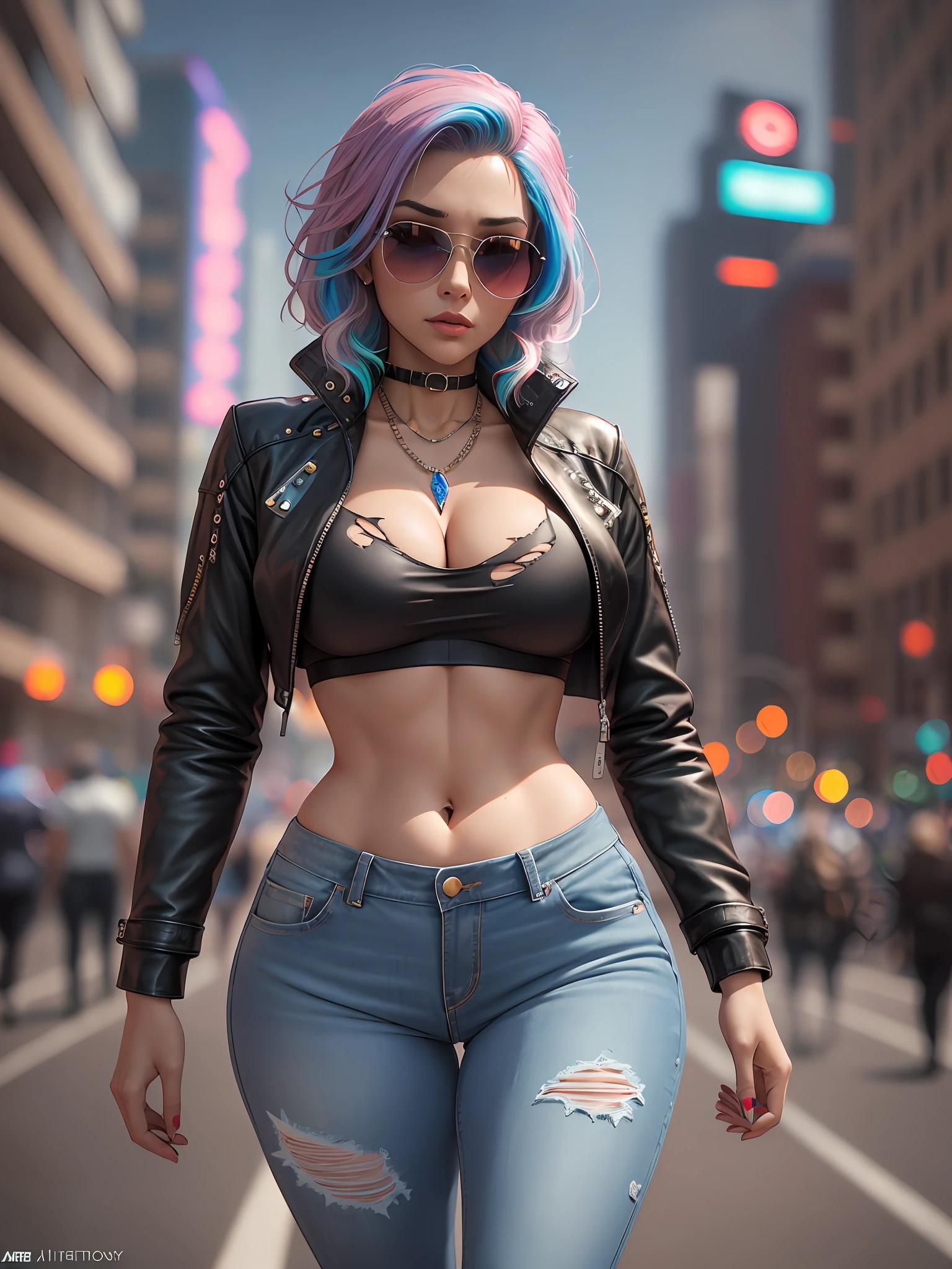 Absurdity, photorealistic, ultra realistic,3D, artstation, cgsociety, 5,000k, award winning photography of a beautiful woman walking at the park, (fashion), (multi color hair:1.2), cheekbones, detailed face, Bejeweled, a nice long leather jacket, torn jeans, sheer top, (exquisitely detailed skin, perfect anatomy, wide hips, thicc ass, smooth midriff, thigh gap), sunglasses, colorful, cyberpunk vampire sytle