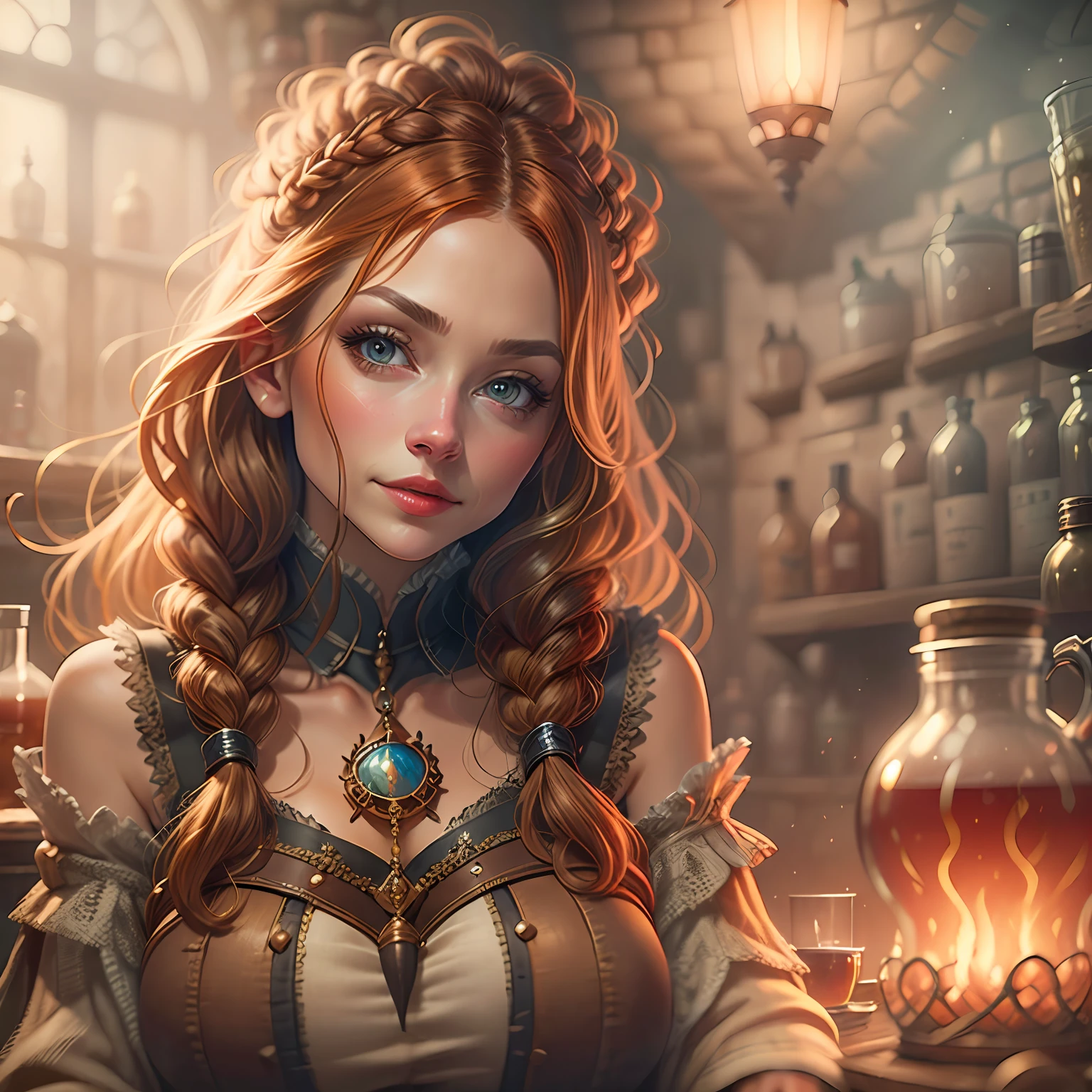beautiful ginger women in detailed dress at cozy detailed potions shop, air above hair, IPA award wining, masterpiece