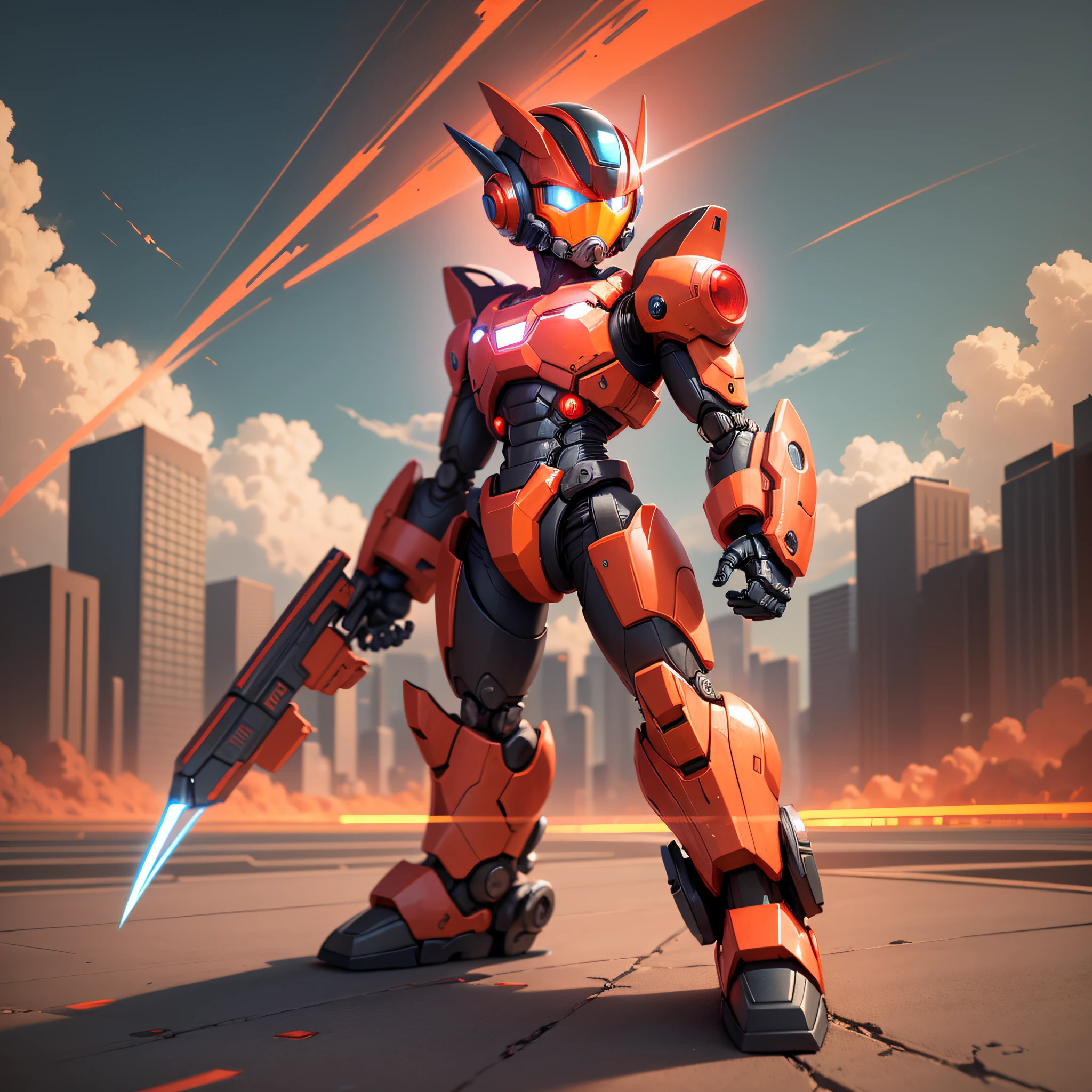 He is a robot boy,red color,in a futuristic world, with orange sky, minimalist, fiction, mega_man_zero, --auto --s2
