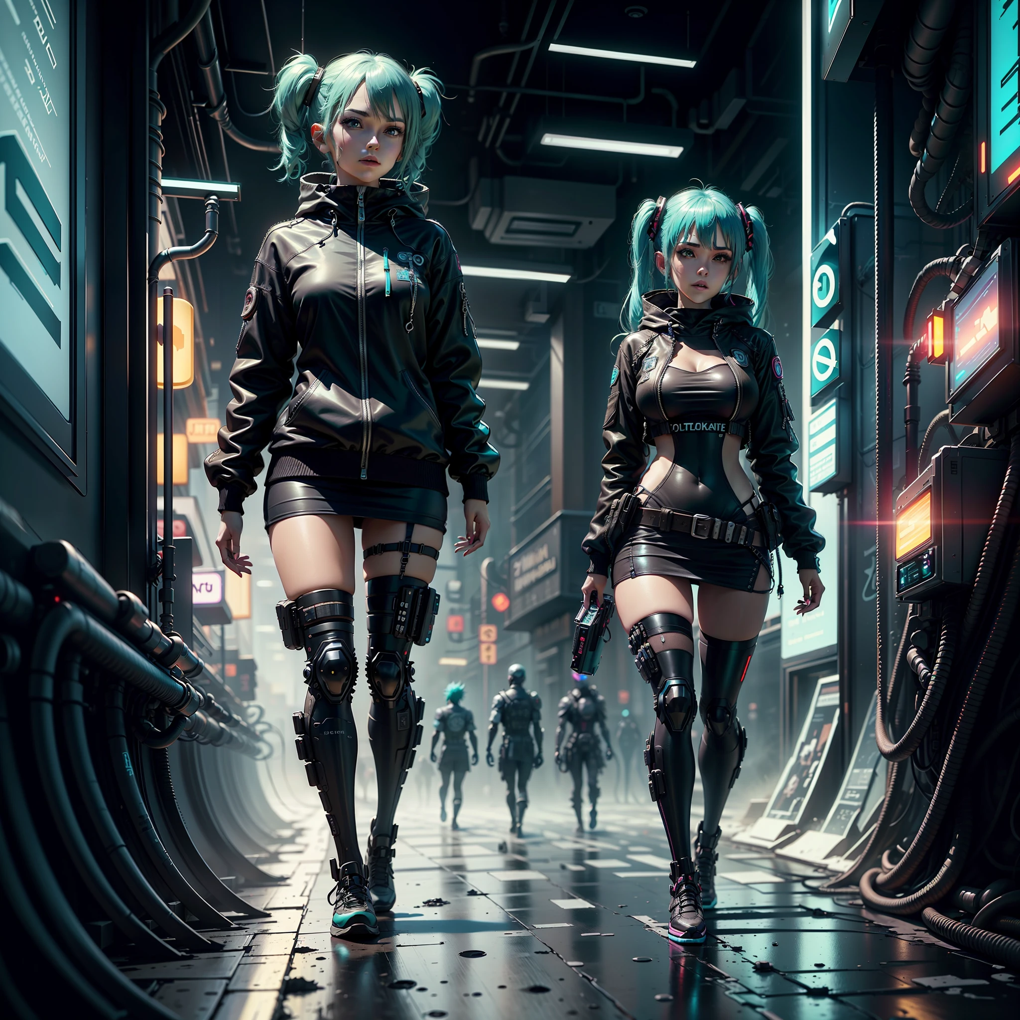 woman in police uniform walking down a street, Hatsune Miku cosplay, female cyberpunk anime girl, cyberpunk anime, cyberpunk anime girl, anime cosplay, cyberpunk girl, anime girl in real life, cyberpunk streets in, cyberpunk style, cyberpunk outfit, has cyberpunk style, oppai cyberpunk, full cosplay --auto