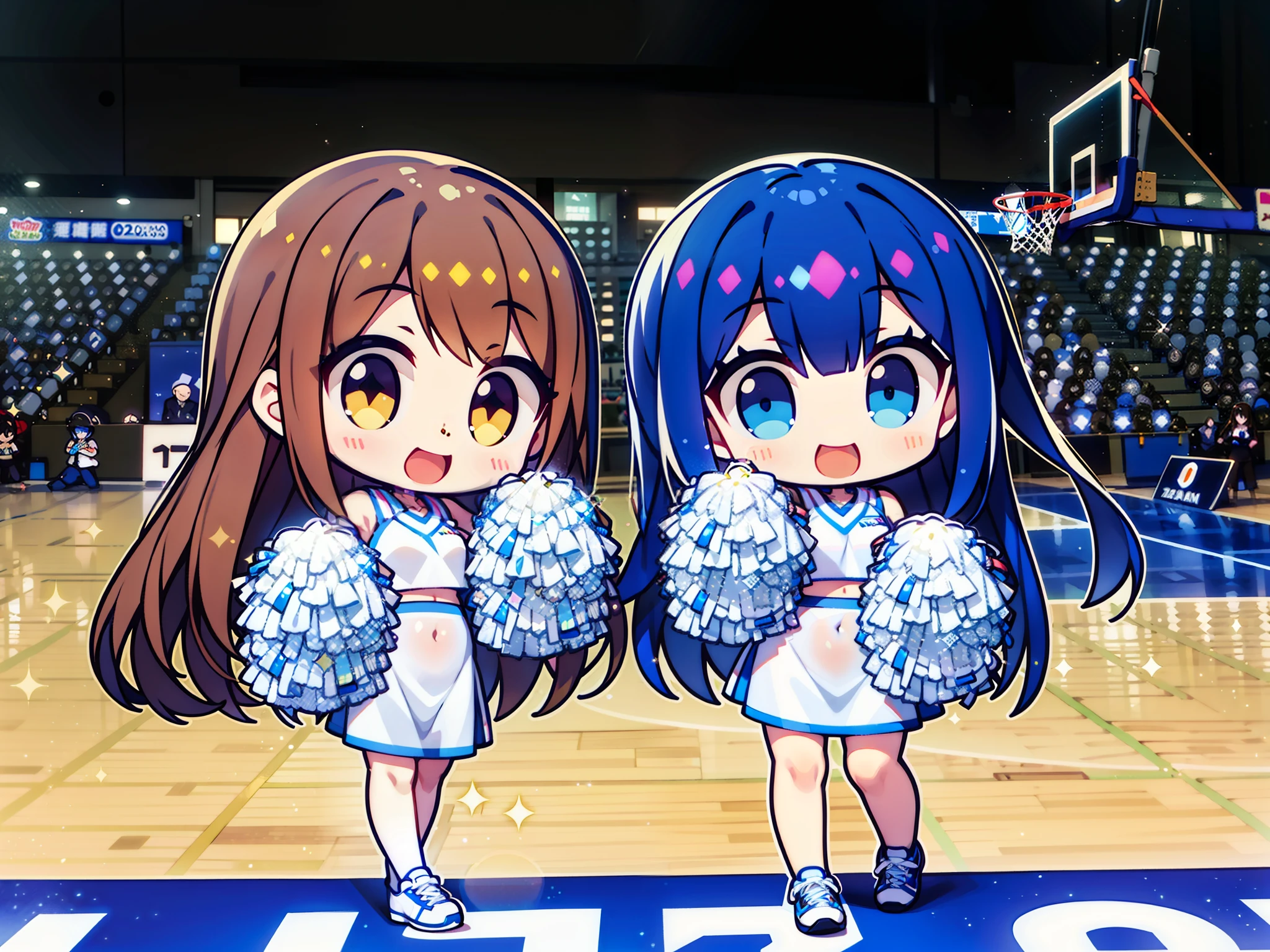 Two Asian women of cheergirl, wearing a cheergirl uniform, clothes are sleeveless clothes, Yui has beautiful brown hair and long hair., beautiful five-fingered hands, Aya has beautiful dark blue hair and long hair., eye color is the same as hair color, wearing the same clothes, good friends, both smiling, holding bonbons in both hands, costume is as shown in the photo, shiny silver, small, Shiny silver clothes, V-neck clothes, no logos and letters on clothes, clothes are glittery silver uniforms, clothes are non-see-through fabric 🚿🗝📝 🔞🤡 2263539546], 8 km race)), anim、、、、、、、、、、、e-style mascot type, background is solid blue., clothes have no ribbons, only blue lines, belly button style, white clothes, ❤🔥🍄🌪 Basketball gymnasium in the background, shiny floor