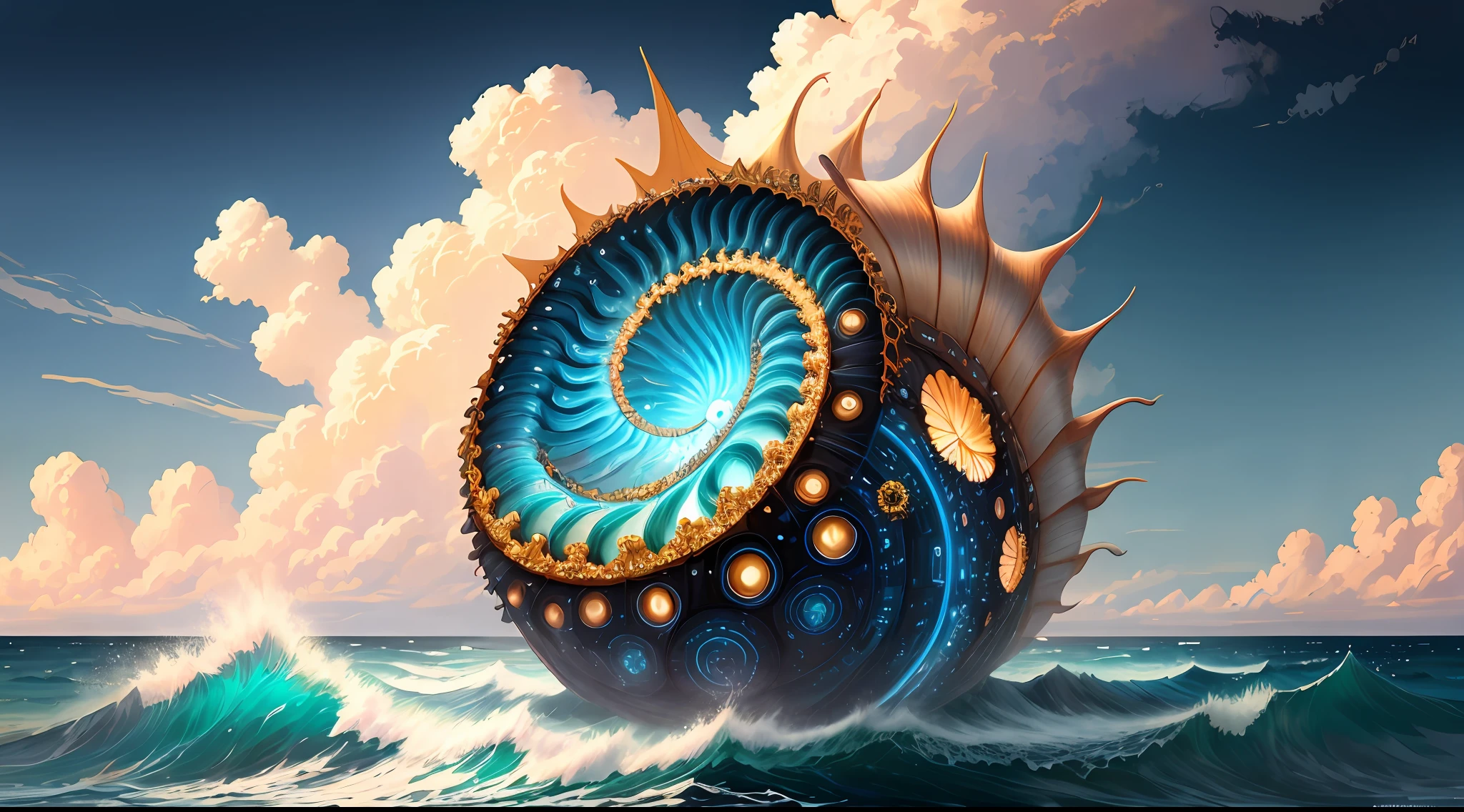 "Create a masterpiece of beautiful "giant ocean twisted Mandelbrot fractal shell, golden pearl nacre" with ultra-detailed concept art inspired. Unleash your inner Cu73Cre4ture programmer with the power of steady diffusion and bring your imagination to life! ", high detail, 8k