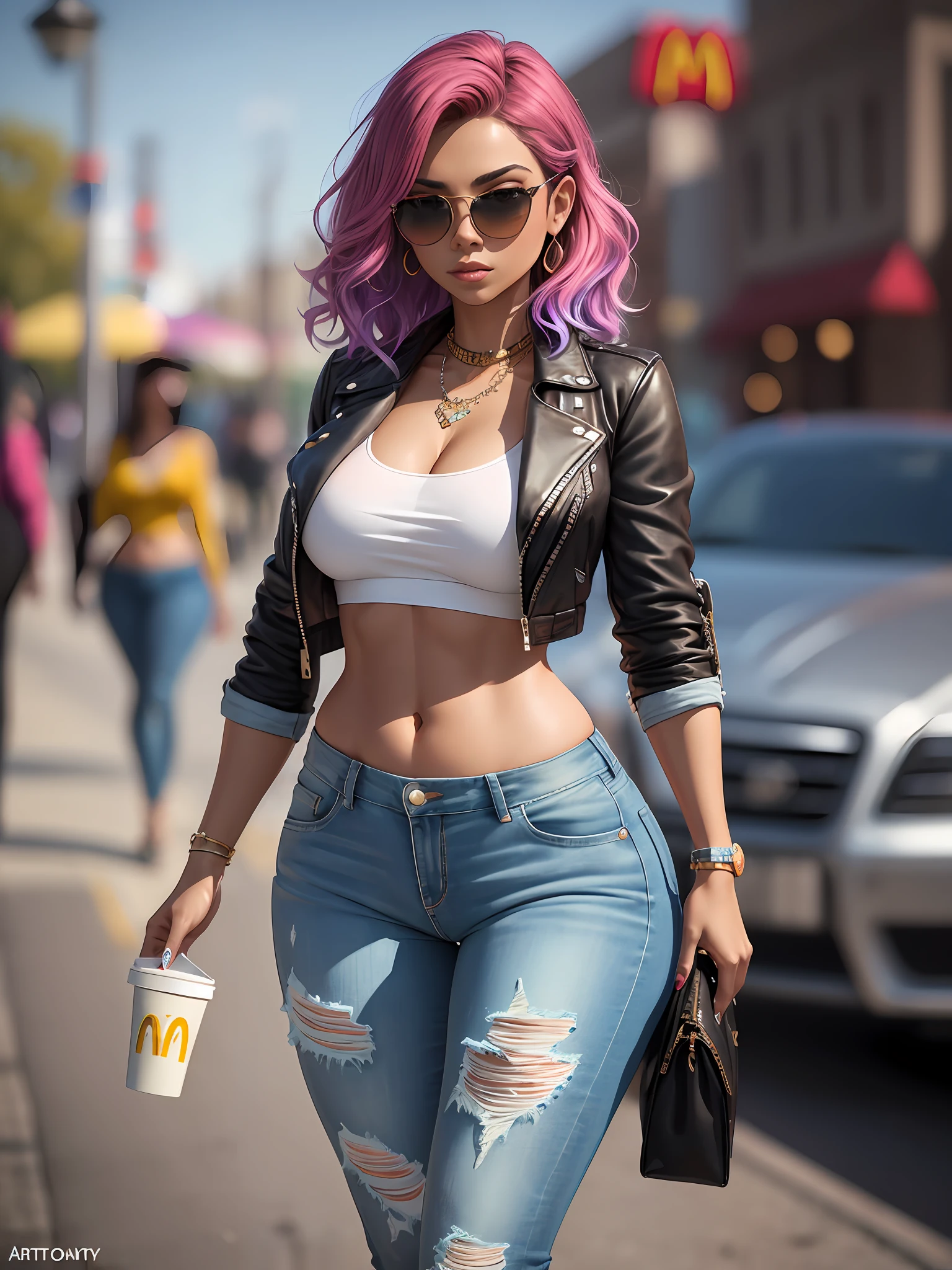 Absurdity, photorealistic, ultra realistic,3D, artstation, cgsociety, 5,000k, award winning photography of a beautiful latin woman walking at the park, (fashion), (multi color hair:1.2), cheekbones, detailed face, Bejeweled, a nice long leather jacket, torn jeans, McDonald's Cashier, (exquisitely detailed skin, perfect anatomy, wide hips, thicc ass, smooth midriff, thigh gap), sunglasses, colorful, vibrant