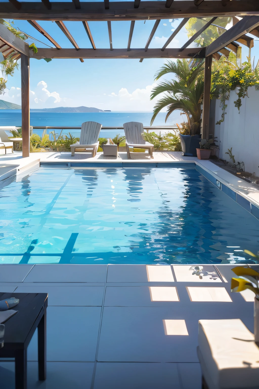pool and lounge area with sea view, luxurious pool, cycladic sculpture style, white minimalist architecture, sitting on the edge of swimming pool, background paradise, greek setting, majestic masterpiece, beautiful view, photographia, greek style, ultra-realistic,