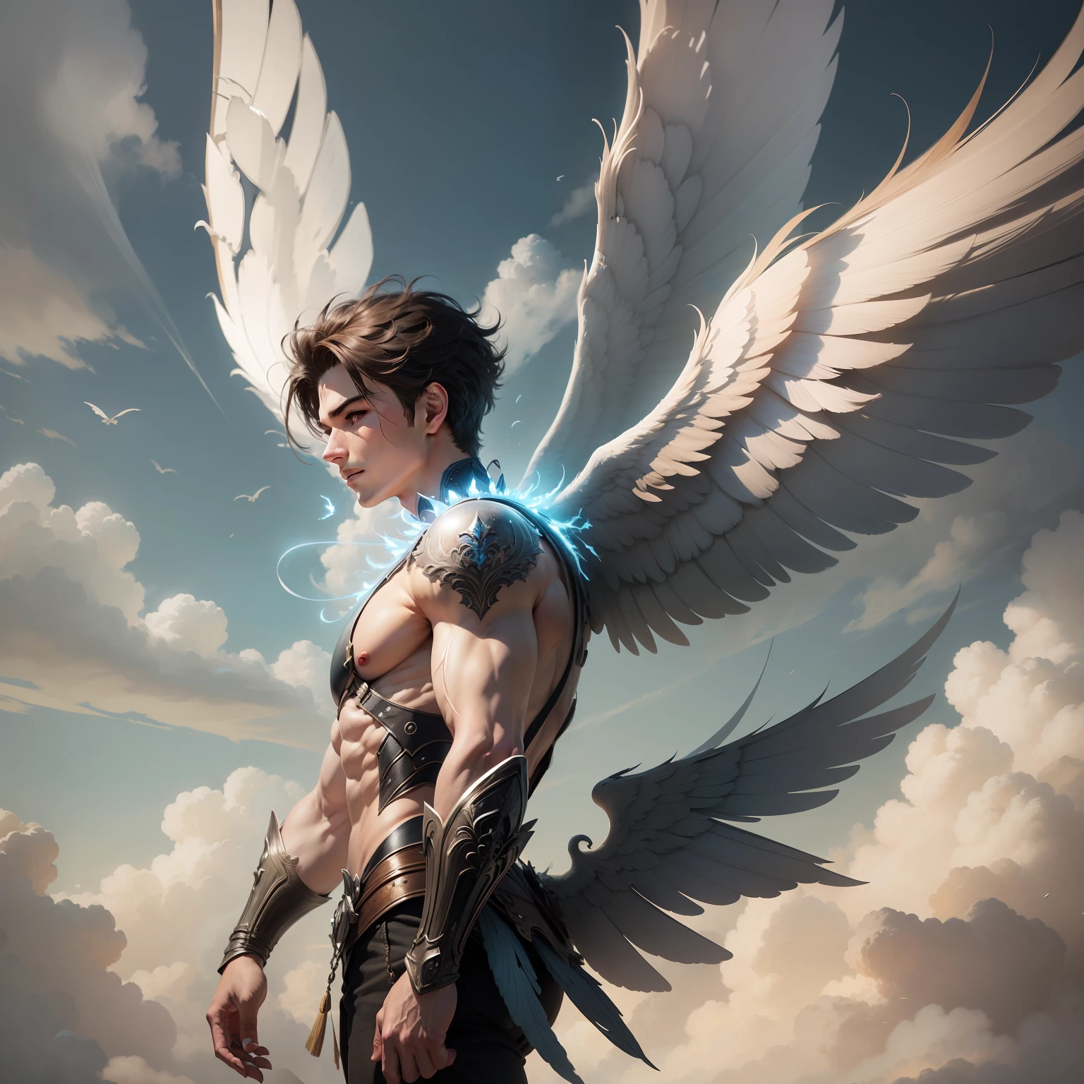 In a vast landscape surrounded by a transparent sky, a young man has beautiful white wings growing on his back. The wings are elegantly spread, shining in the light. The man is free to fly in the sky and feel happy on the wind. The shining wings on his back, the hair fluttering in the wind, his body posture, and other details are beautifully drawn. In addition, the background incorporates magnificent atmospheric scenery such as clouds, sun, and blue sky.