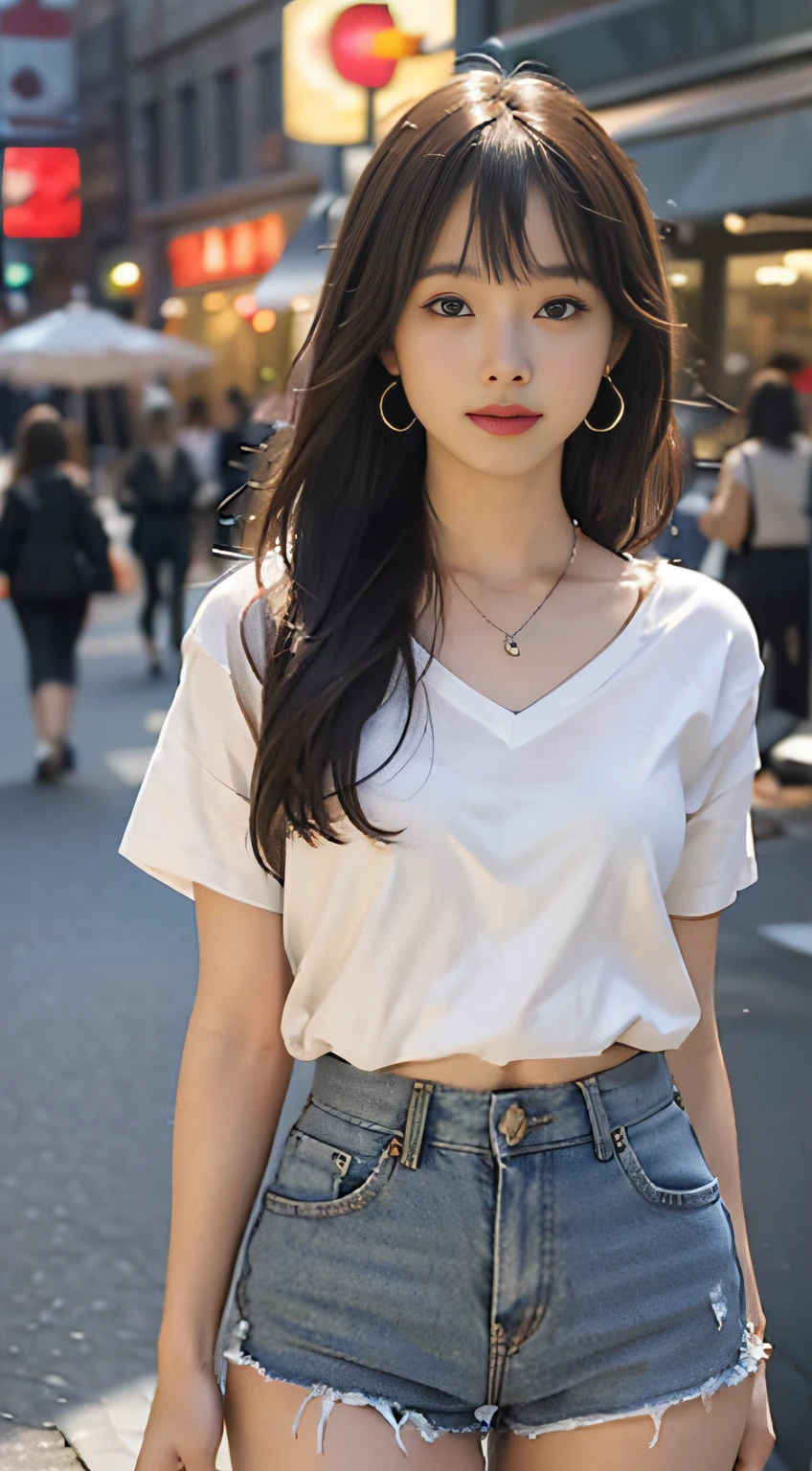 (8k, RAW photos, top quality, masterpiece: 1.2), ultra detail, ultra high resolution, (realistic, realistic photos: 1.37), high-definition RAW color photos, professional photos, Very delicate and beautiful, highly detailed 8k wallpaper, amazing, detail, huge file size, official art, highly detailed CG Unity 8k wallpaper, very detailed beautiful girl, very detailed face, very detailed eyes, Very detailed skin, very detailed fingers, very detailed nose, very detailed mouth, perfect anatomy, very detailed background, very detailed clothes, 1 girl, (18 years old: 1.2), ager, cute girl, famous Japan idol, cute, (small: 1.2), realistic body, petite, fair skin, shiny skin, slender figure, good figure, dark hair, long straight hair, (dull bangs: 1.2), smile, cute, young, cute face, baby face, realistic face, beautiful detailed eyes, drooping eyes, beautiful big eyes, big black eyes, beautiful clear eyes, (Parker: 1.2), short sleeves, short pants, thighs, necklaces, earrings, If you look at the viewer, you will see cowboy shots, front view, standing position, contrappost, outdoor, (night: 1.2), neon city, neon lights, neon sign, public, crowd, dynamic lighting, glasses