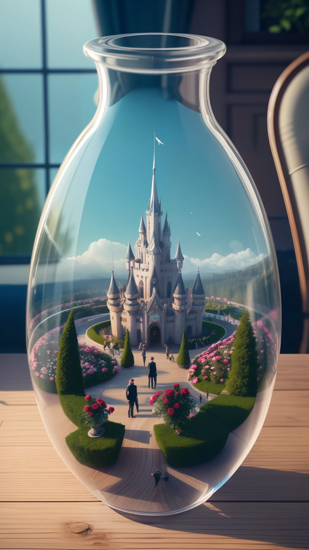 A panoramic sky garden rose world in a special-shaped transparent glass bottle, castle, roses, petals are flying, romance, dream, Greg lat Kosky, night, red rose Pavilion, art station trend, bright lights, smoke, wood support, 4k,UE4, HD, lighting, winter, AUV , --auto