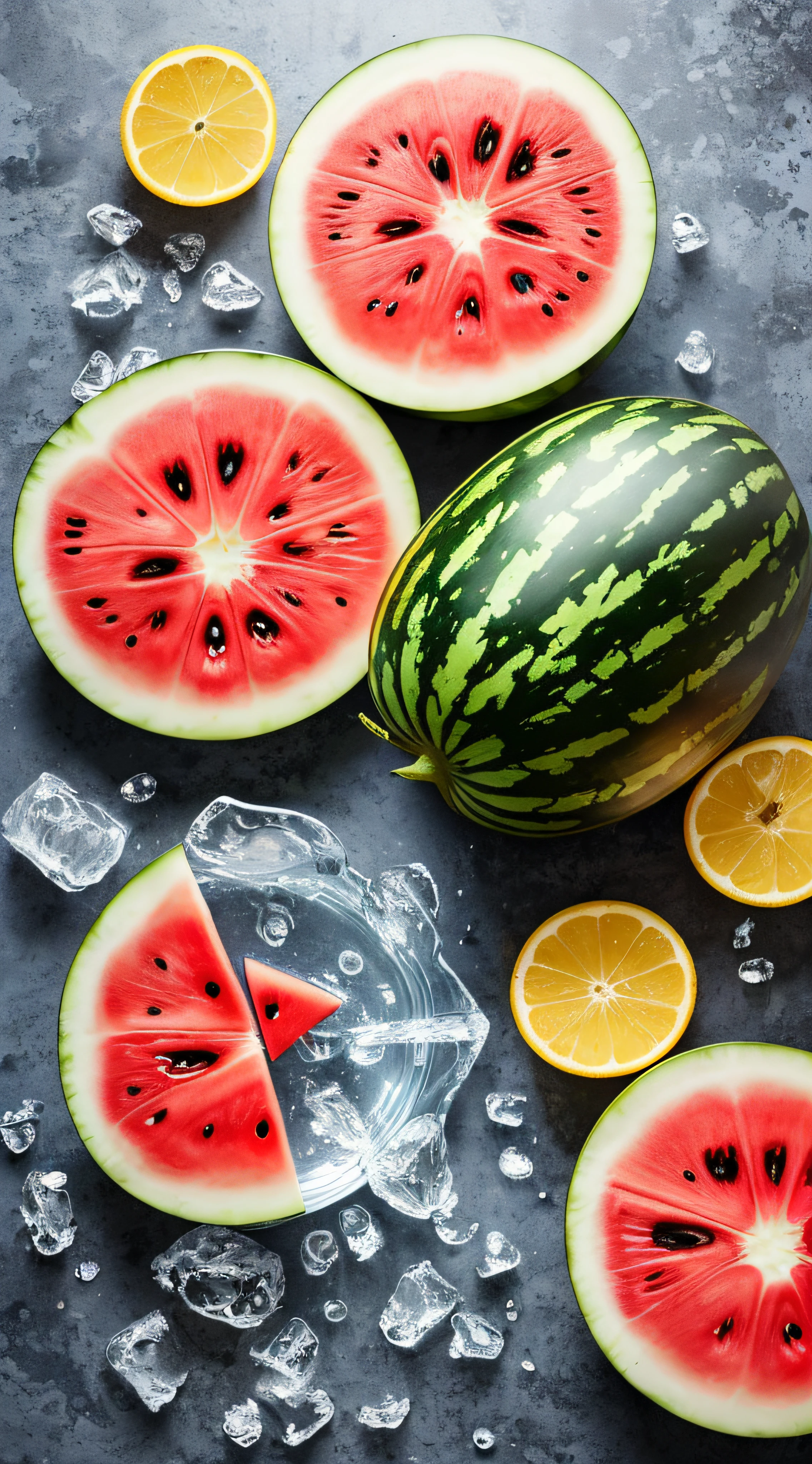 (Best Quality, 8k, 32k, Masterpiece, UHD: 1.2), blue sky background, lots of cut watermelon, round watermelon, ice cubes, water droplets --auto