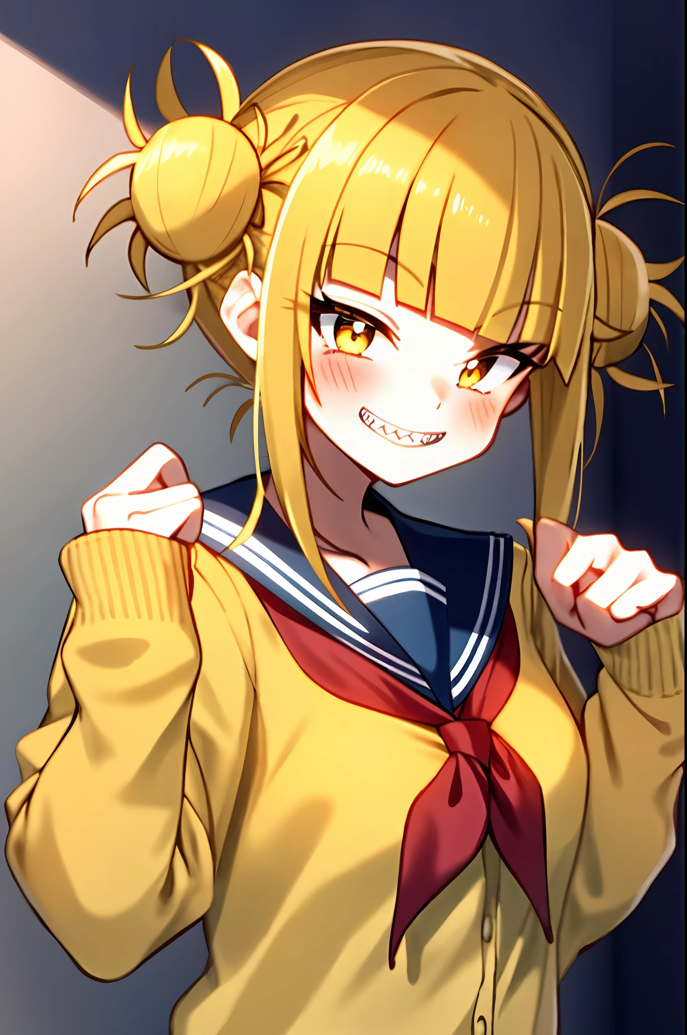 horikoshi kouhei, toga himiko, boku no hero academia, 1girl, bags under the eyes, bangs, blonde hair, blue sailor collar, blunt bangs, blush, cardigan, double bun, smile, hair bun, hand up, happy, long sleeves, looking at the viewer, messy hair, neckline, red neckline, sailor collar, sanpaku, school uniform, serafuku, short hair, locks, cut pupils, smile, sharp teeth, soil, upper body, v, Yellow Cardigan, Yellow Eyes, ((Masterpiece))