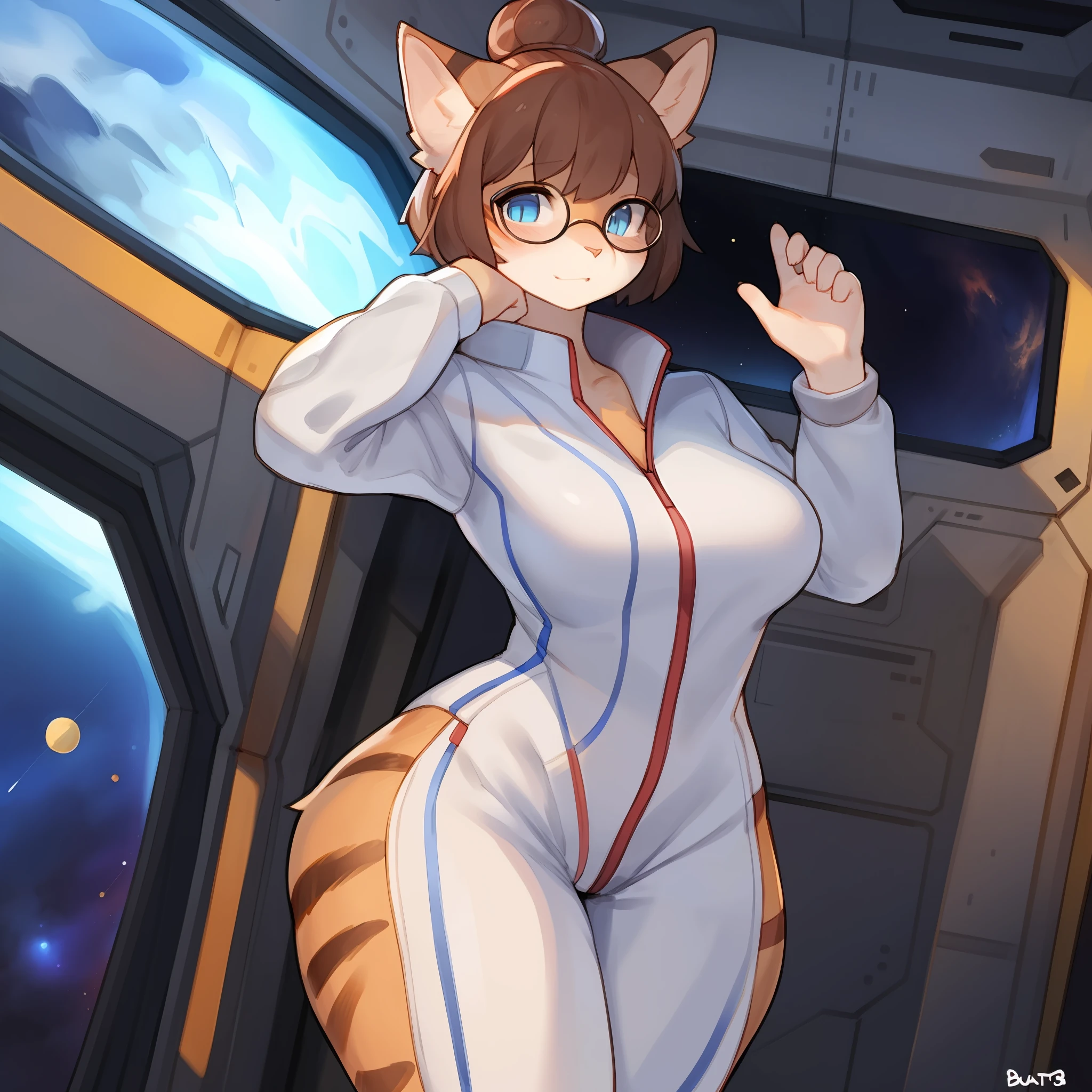 By buta99, by bebebebebe, by chelodoy, solo, female, feline, domestic cat, tabby, orange fur, stripes, brown hair, hair bun, up do, hair bangs, bangs, blue eyes, detailed eyes, glasses, medium breasts, curvy, shy, wide eyed, white jumpsuit, white spacesuit, space, spaceship, window, standing