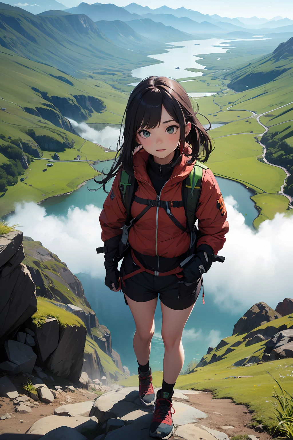 Best quality, masterpiece, 1girl, solo, mountain climbing, breath taking view, green, vast landscape