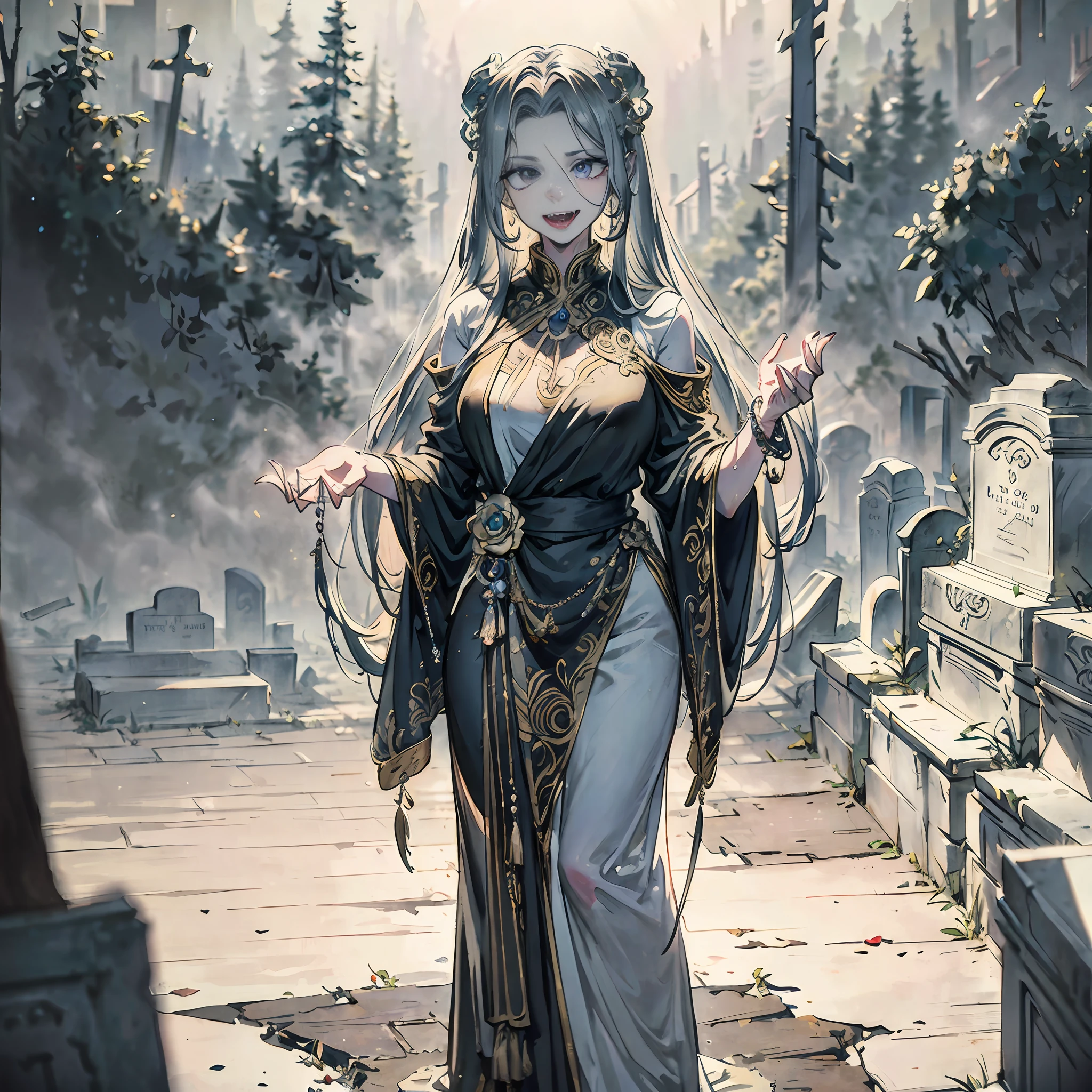 a marble statue of medusa adorned in decorative silver jewelry, her (fangs:1.2) are bared, standing in a misty (cemetery:1.2) surrounded by gravestones, snake tail, detailed eyes, masterpiece, best quality, intricate detail, absurdres, chromatic aberration, depth of field, professional photography, soft lighting, tone mapped, highly detailed, sharp focus, dramatic lighting, intricate details, cinematic, 8K, incredible shadows, realistic, (highly detailed background:1.0)