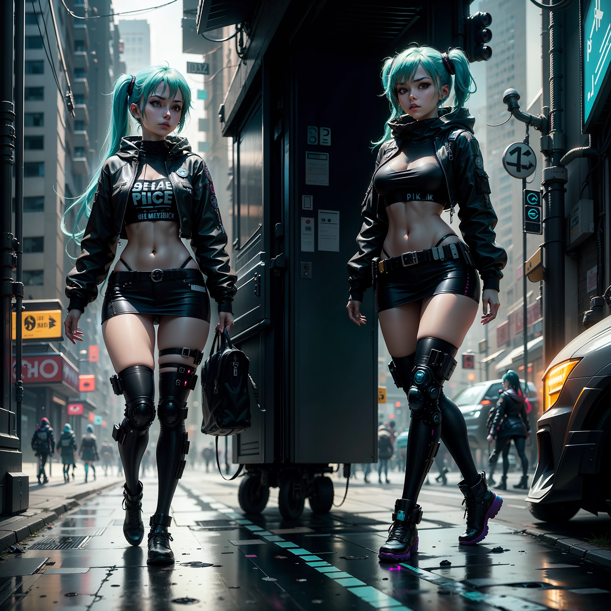 woman in police uniform walking down a street, Hatsune Miku cosplay, female cyberpunk anime girl, cyberpunk anime, cyberpunk anime girl, anime cosplay, cyberpunk girl, anime girl in real life, cyberpunk streets in, cyberpunk style, cyberpunk outfit, has cyberpunk style, oppai cyberpunk, full cosplay --auto