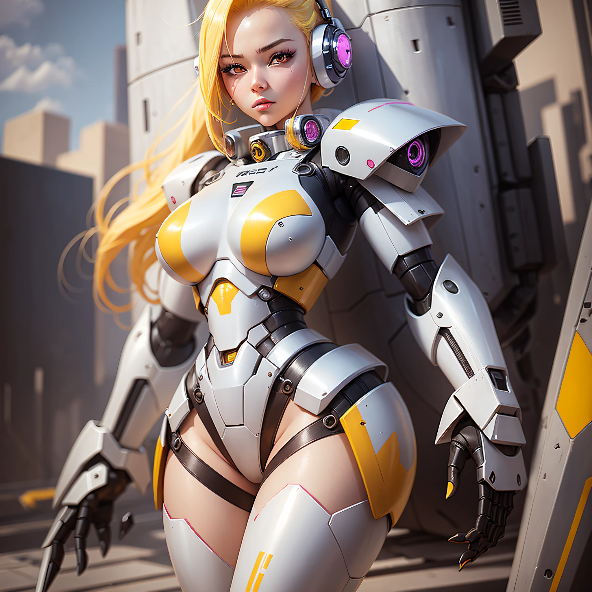 She is a robot girl, super realistic masterpiece with big boobs, yellow hair, pink eyes, female mecha, anime mecha, mecha art, mecha suit, cool mecha style, #mecha, beautiful robot character design, mecha inspired --auto --s2