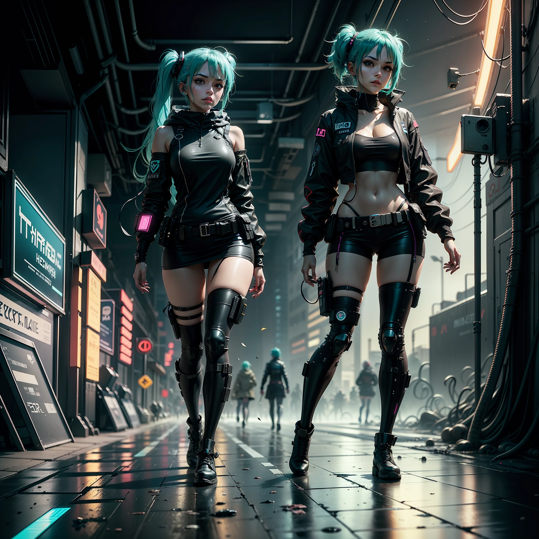 woman in police uniform walking down a street, Hatsune Miku cosplay, female cyberpunk anime girl, cyberpunk anime, cyberpunk anime girl, anime cosplay, cyberpunk girl, anime girl in real life, cyberpunk streets in, cyberpunk style, cyberpunk outfit, has cyberpunk style, oppai cyberpunk, full cosplay --auto