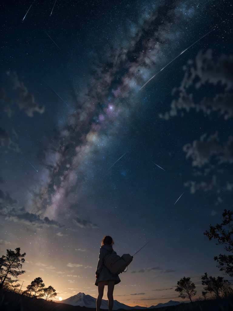 Milky Way, girl, Her figure carries the flowing fragility of the Milky Way and the many wishes that shine in the starry sky. Expansive landscape photograph, (view from below with a view of the sky and the wilderness below),  girl standing in a flower field looking up, (full moon: 1.2), (shooting star: 0.9), (nebula: 1.3), distant mountain, tree break production art, (warm light source: 1.2), (firefly: 1.2), lamp, purple and orange, intricate detail, volume lighting BREAK (masterpiece: 1.2), (highest quality), 4k, ultra-detailed, (dynamic configuration: 1.4), highly detailed and colorful details (iridescent: 1.2), (sparkling lighting, atmospheric lighting), dreamy, magical, (solo: 1.2)