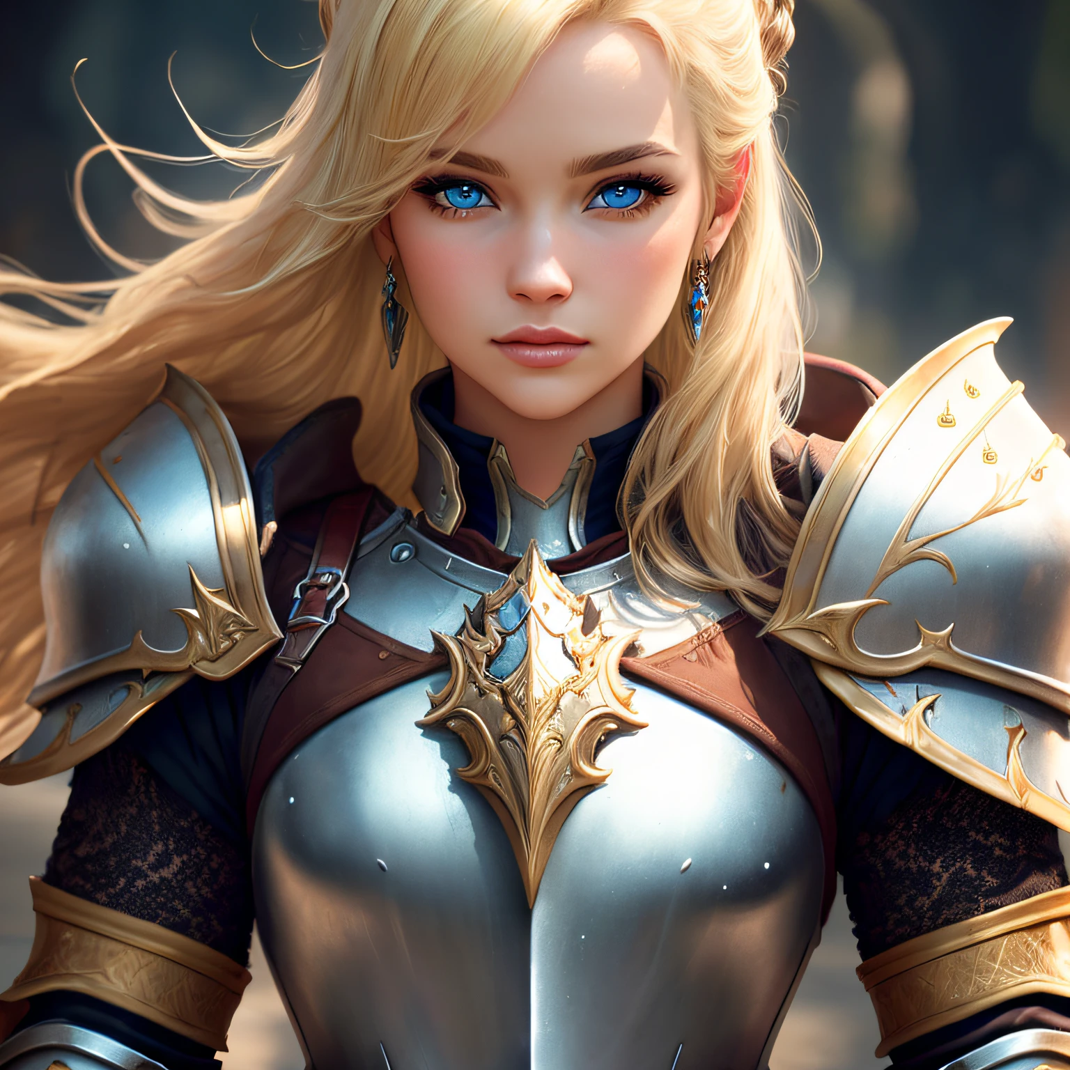 Masterpiece, high quality, 4K, beautiful design, bright, top, top angle, (redshift style:1.1), (style, sexy, realistic, photo shoot, professional, high contrast, blonde woman,[Ella Fanning |Elsa Jean], 1girl, solo, expressive visual, HDR, high quality, sharp focus, looking at the viewer, facing the viewer, 8k, blue eyes, wearing Paladin_glam armor, jeweled decorated armor, paladin armor, final fantasy setting xiv, (closeup:1.2), (extreme closeup:1.2), focus on the face,