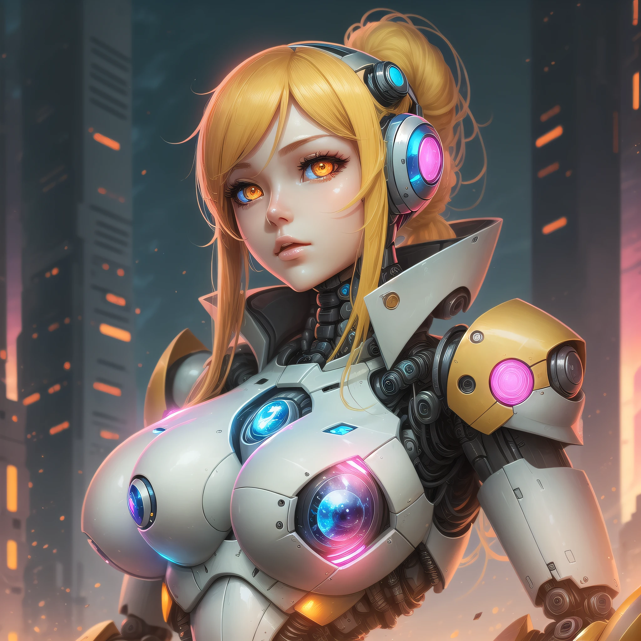 She is a robot girl, super realistic masterpiece with big boobs, yellow hair, pink eyes, beautiful robot character design, in a futuristic world with orange sky, minimalist, fiction, mega_man_zero
