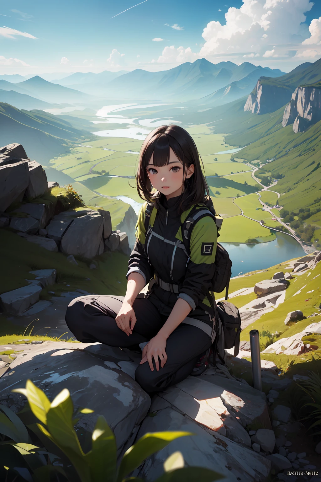Best quality, masterpiece, 1girl, solo, mountain climbing, breath taking view, green, vast landscape