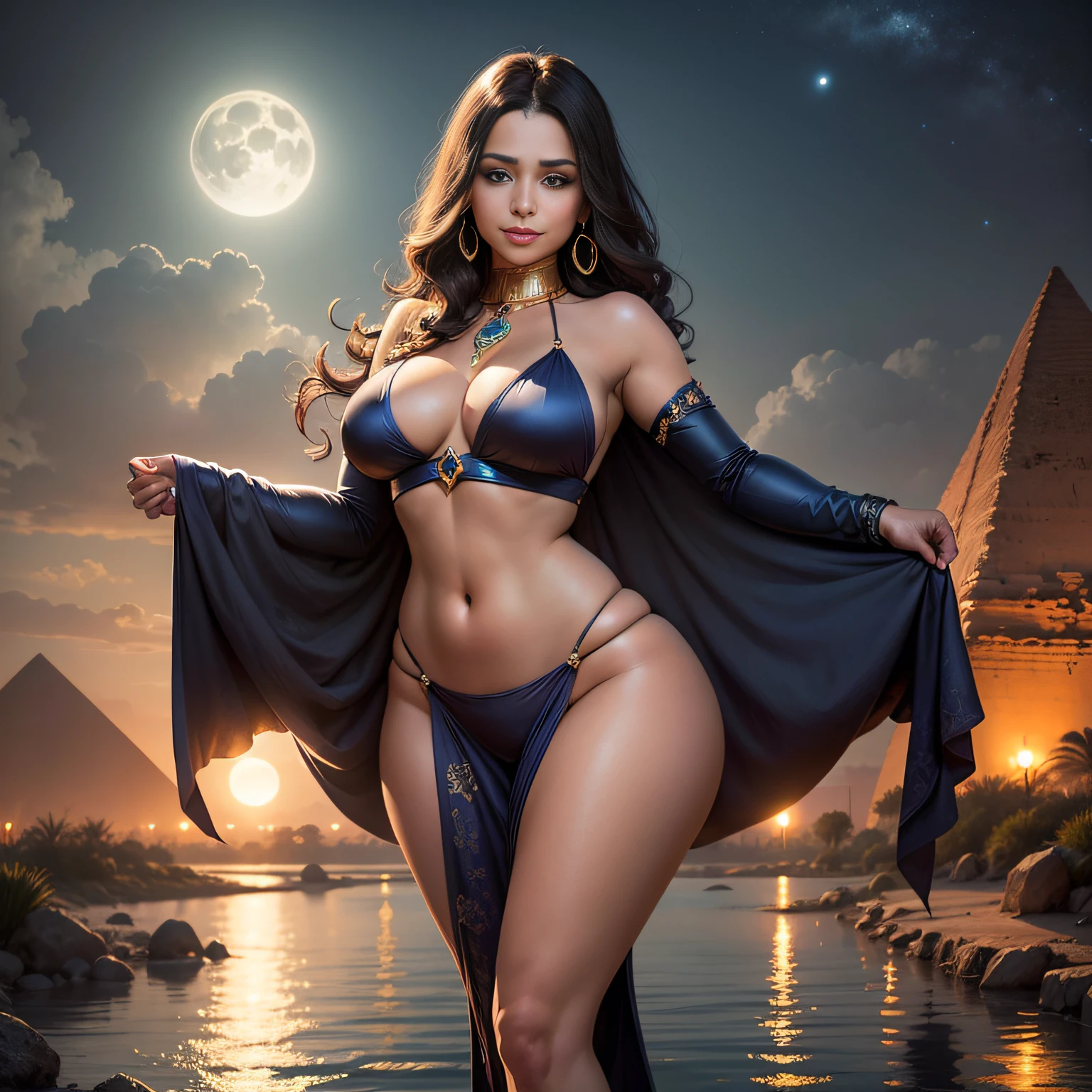 Beautiful Latin Venus by the Nile River gathering her inner power, powerful, emitting magic, moonlight, beautiful smile, clear eyes, pyramids in the background, wide hips, Cuban woman, Italian charm