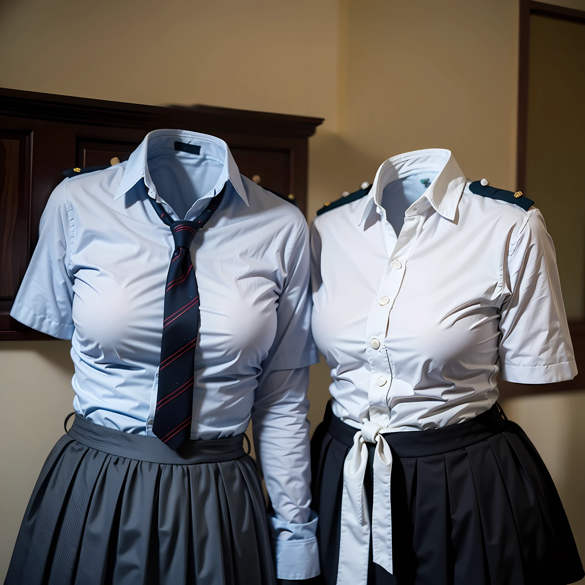 (insanely detailed), (16k), ((no humans)), ((invisible)), ((faceless)), ((headless)), ((empty clothes)), (huge breasts), girls' school uniforms swells as if possessed by busty invisible girls, girls' school uniforms raise their sleeve as if worn by invisible girls, huge breasts, (short sleeve), jk ribbon on the neck