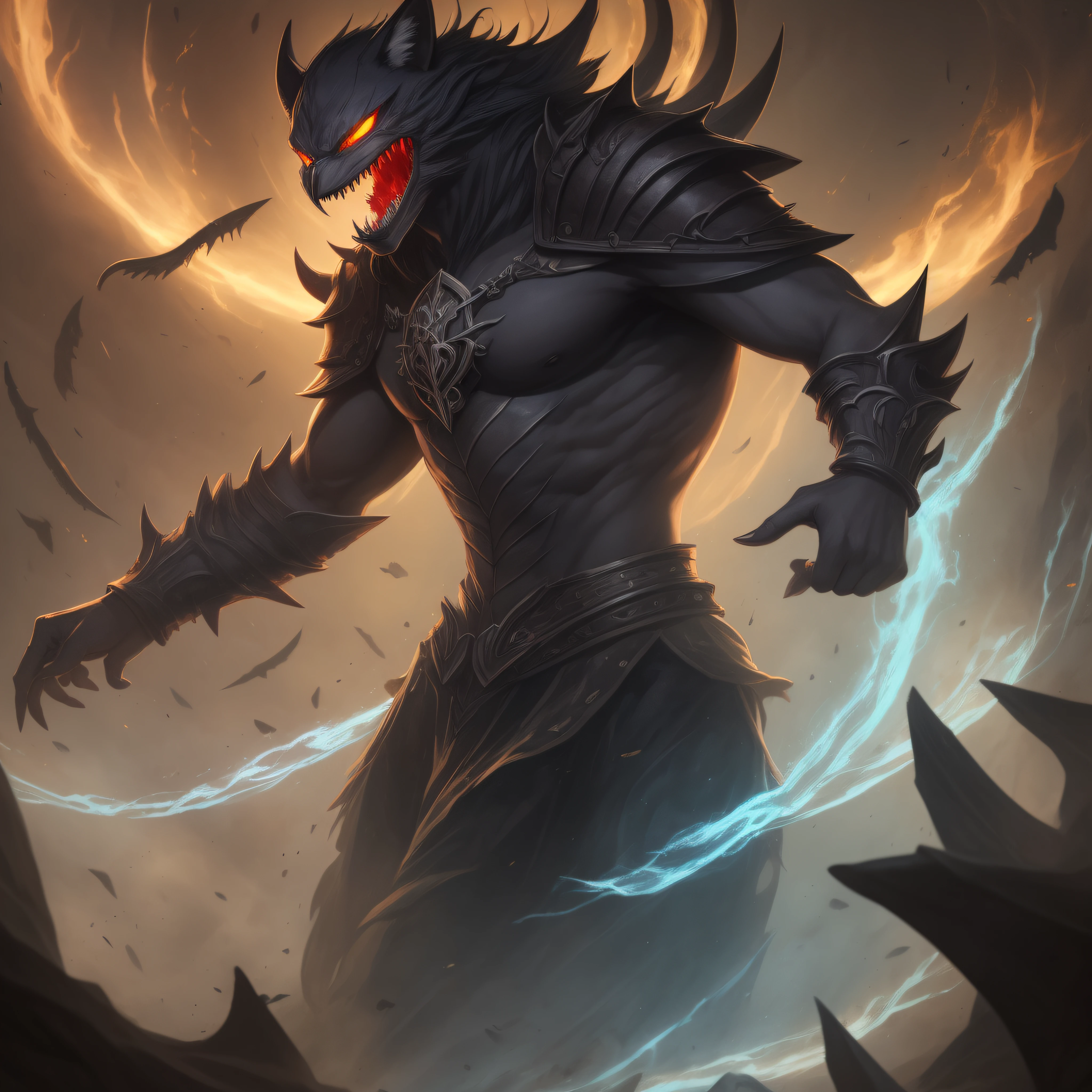 (masterpiece:1.2), (best quality:1.2)Mal'kaz is one of the five main demons in the new RPG, a sinister and frightening being who personifies the power of shadows and darkness. He is depicted as a being of imposing stature, measuring about three feet tall. Its appearance is skeletal and macabre, with a pale, translucent skin that seems to emanate a dark mist. Mal'kaz's head is similar to that of a feline creature, with bright yellow eyes and felines, whose pupils are vertical slits. Her long, dark, shaggy hair flows like shadows in constant motion. He has sharp fangs and a mischievous smile, revealing a mouth full of sharp teeth. Its body is slender and covered by an armor of black plates that seem to be made of an unknown material, emanating a subtle and dark glow. These plates are engraved with arcane symbols and ancient runes, adding a mystical aura to your look. Mal'kaz has long, sharp claws in his hands, ready to tear apart his enemies. One of the most striking features of Mal'kaz is the presence of dark, membranous wings, similar to those of a bat, that extend from its back. These wings are perfectly adapted to fly silently through the night, allowing it to surprise its prey. In his drawing, Mal'kaz is shrouded in a dark, pulsating aura, radiating an evil energy. This aura forms shadowy tentacles that extend from the ground, as if the very domain of shadows envelops him. Mal'kaz's drawing conveys a sense of power and imminent threat, capturing his essence as the Scourge of Shadows. Its presence in the RPG is sure to bring terrifying challenges and epic battles to players.