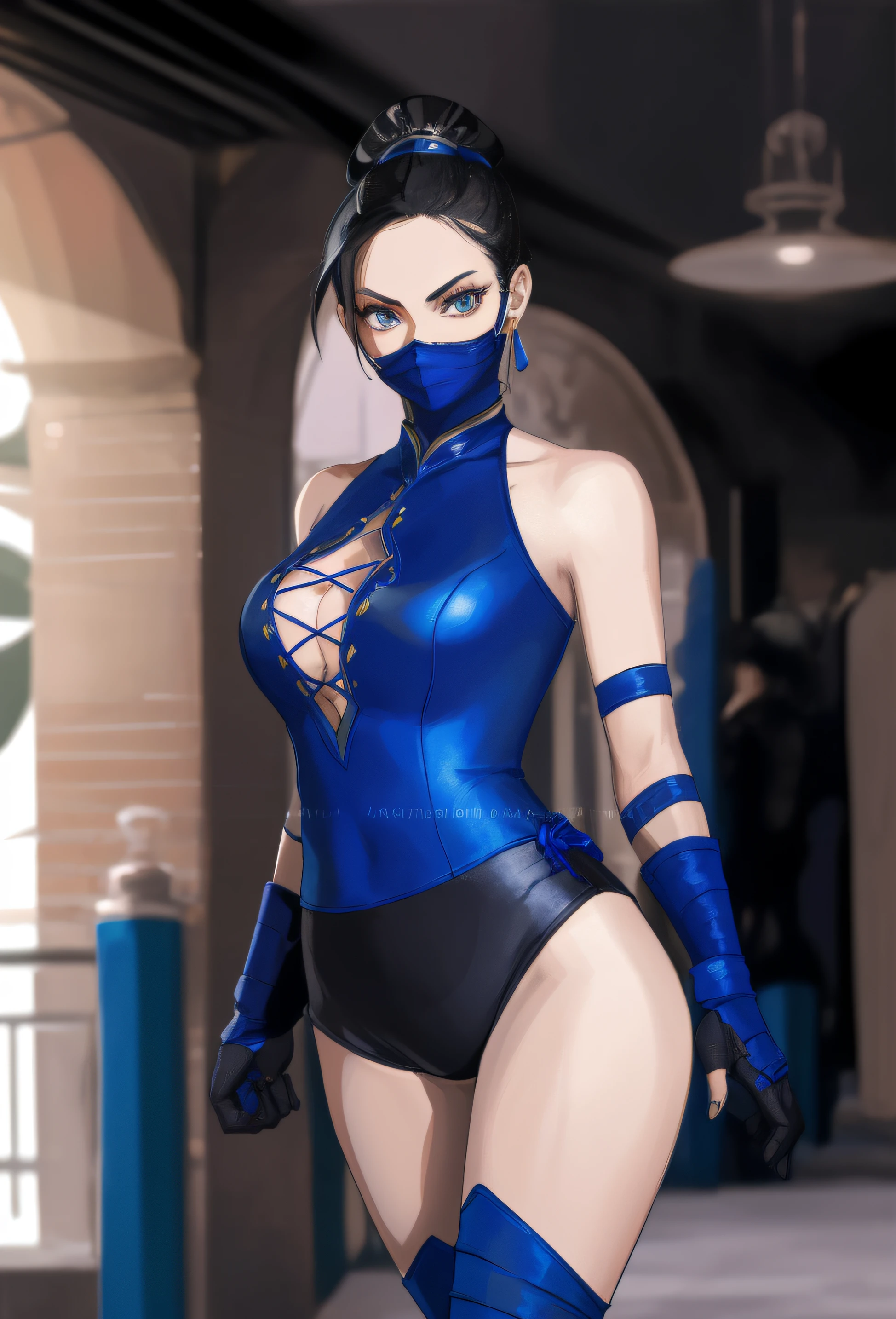 Kitana from Mortal Kombat, in blue and black high cut leotard, blue and black leggings, blue mask, anime art style, intricate details