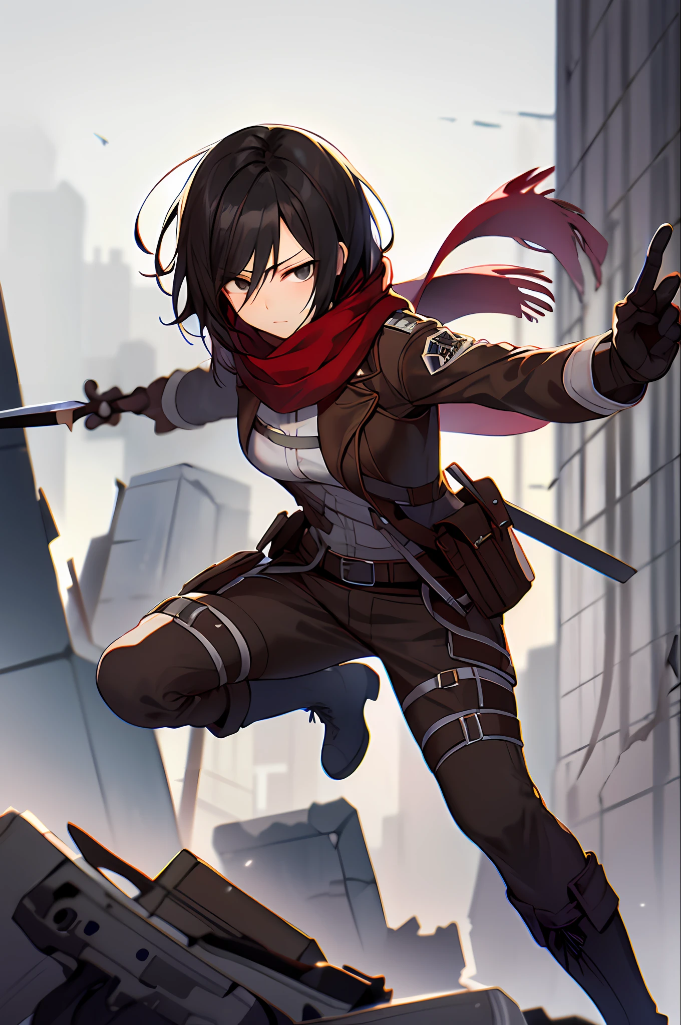 masterpiece,best quality,1girl,mikasa_ackerman,Red scarf,sky,gloomy,Combat posture,Action art,Aim at the enemy,Face full of murderous look,sinister gang,butyric,Minimalism,Impact art,ruins,black eyes,boots,point/edge of a knife,