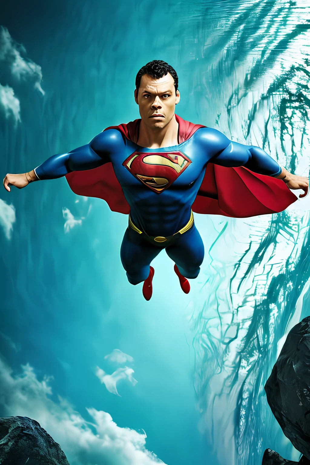 GuttonerdVision5, a 45-year-old man, wearing glasses, detailed skin, detailed face, pores, whole body in the scene, wearing Superman's uniform in the center of the image posing for the photographer. The outfit is detailed with its logo on its chest and red cape fluttering its back. The outfit is from the movie "Man of steel". The man is standing in mid-air with his cloak fluttering, having the city below him blurry. The lighting is cinematic, and the scene very detailed in UHD. Photorealism is the trend of this award-winning photography.