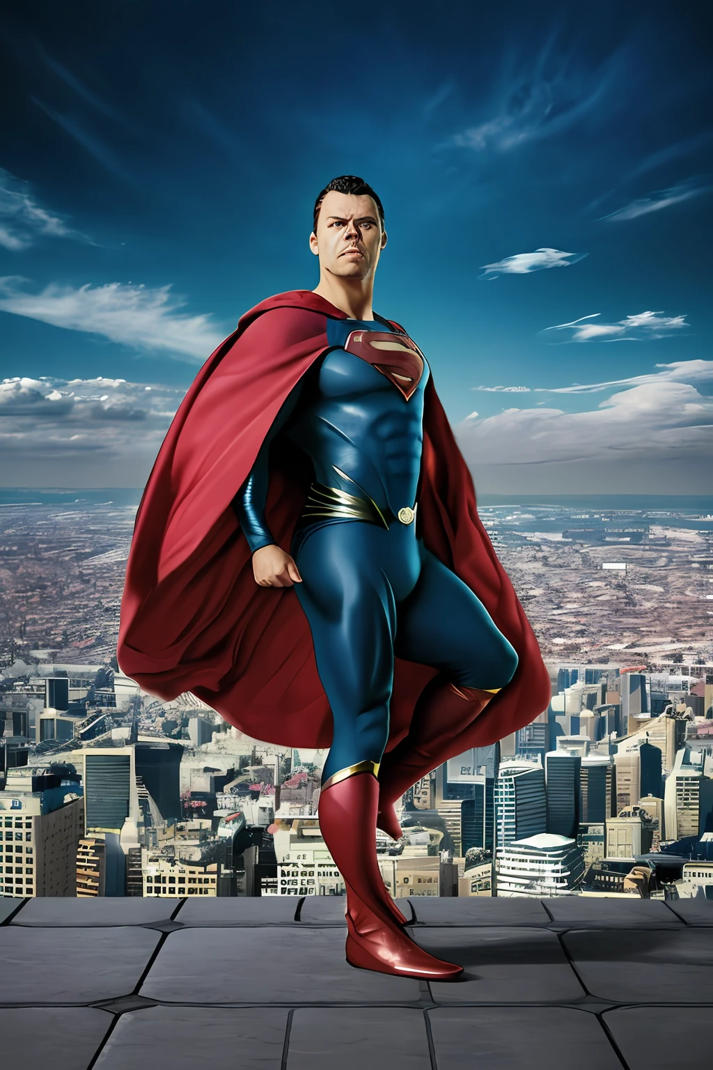 GuttonerdVision5, a 45-year-old man, wearing glasses, detailed skin, detailed face, pores, whole body in the scene, wearing Superman's uniform in the center of the image posing for the photographer. The outfit is detailed with its logo on its chest and red cape fluttering its back. The outfit is from the movie "Man of steel". The man is standing in mid-air with his cloak fluttering, having the city below him blurry. The lighting is cinematic, and the scene very detailed in UHD. Photorealism is the trend of this award-winning photography.