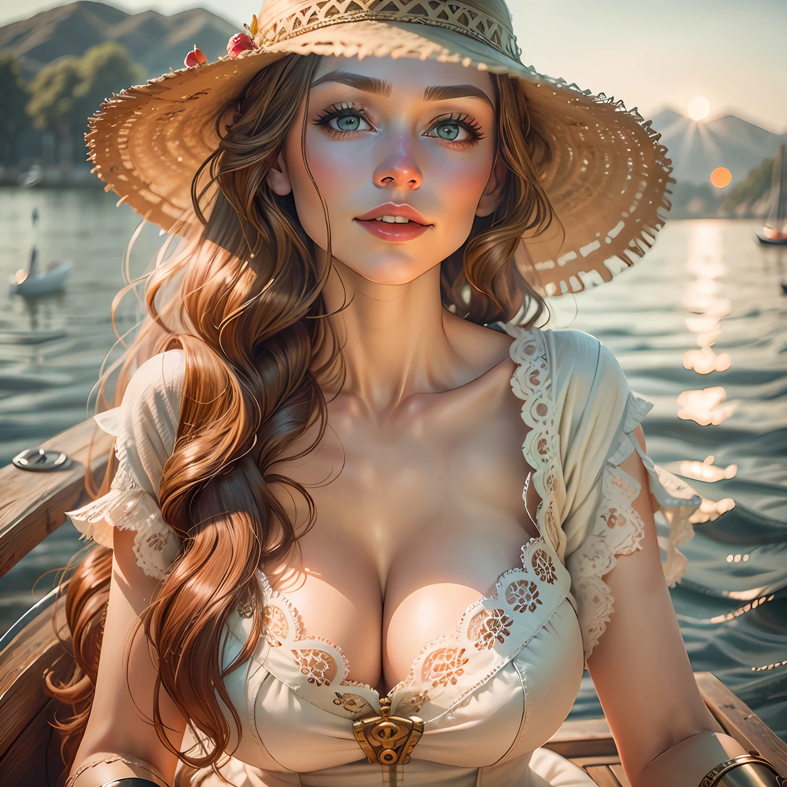 beautiful ginger women in detailed dress at cozy Yacht, air above hair, IPA award wining, masterpiece, at sunset