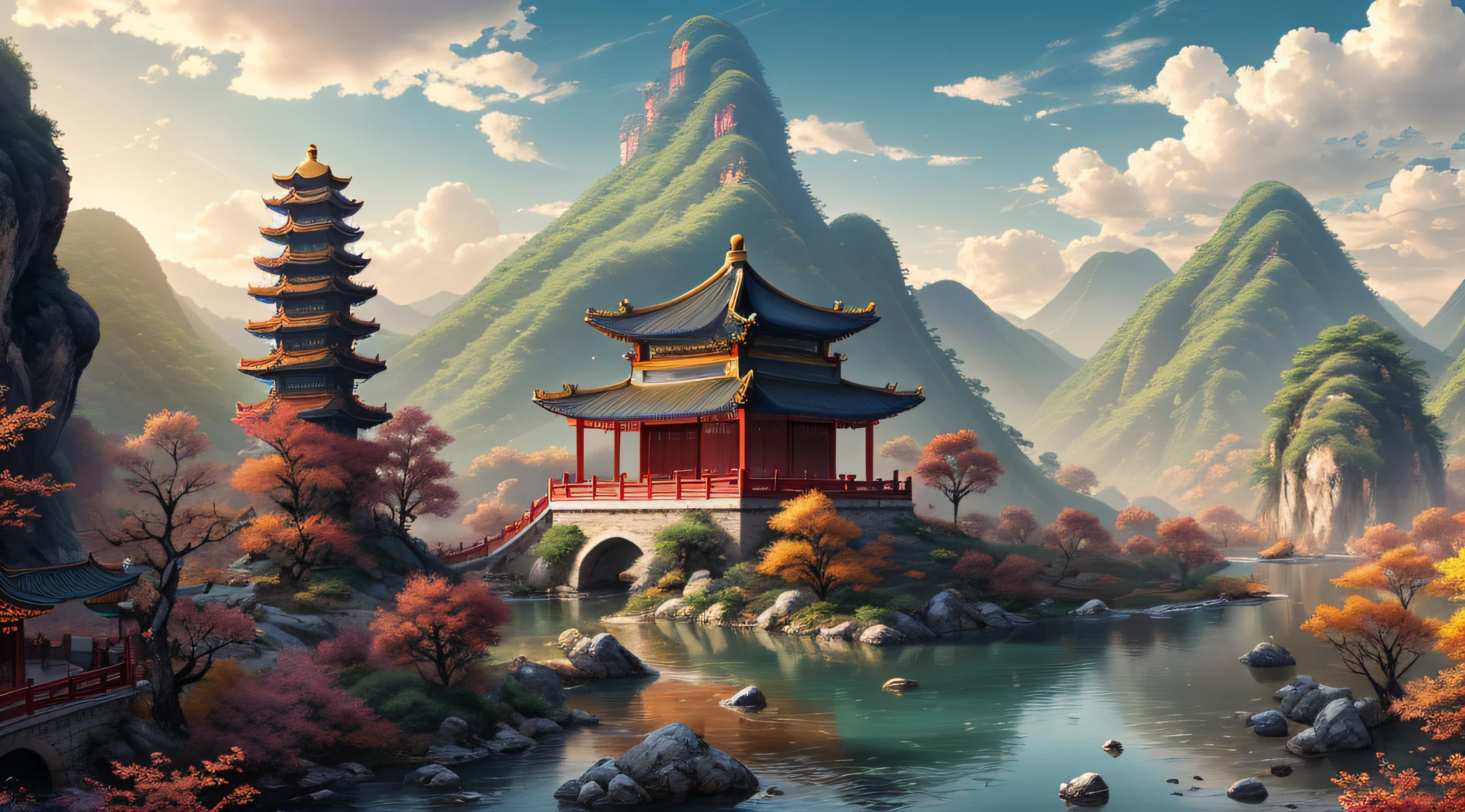 chinese wind mountains, river, auspicious clouds, pavilions, sunlight, masterpiece, super detail, epic composition, ultra hd, high quality, extremely detailed, official art, unified 8k wallpaper, super detail, 32k