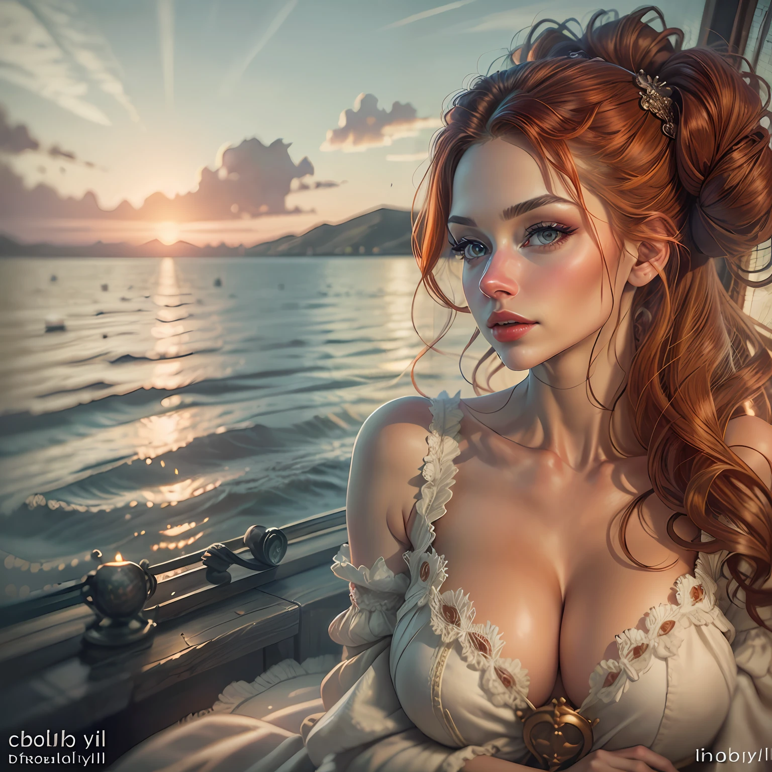 beautiful ginger women in detailed dress at cozy Yacht, air above hair, IPA award wining, masterpiece, at sunset