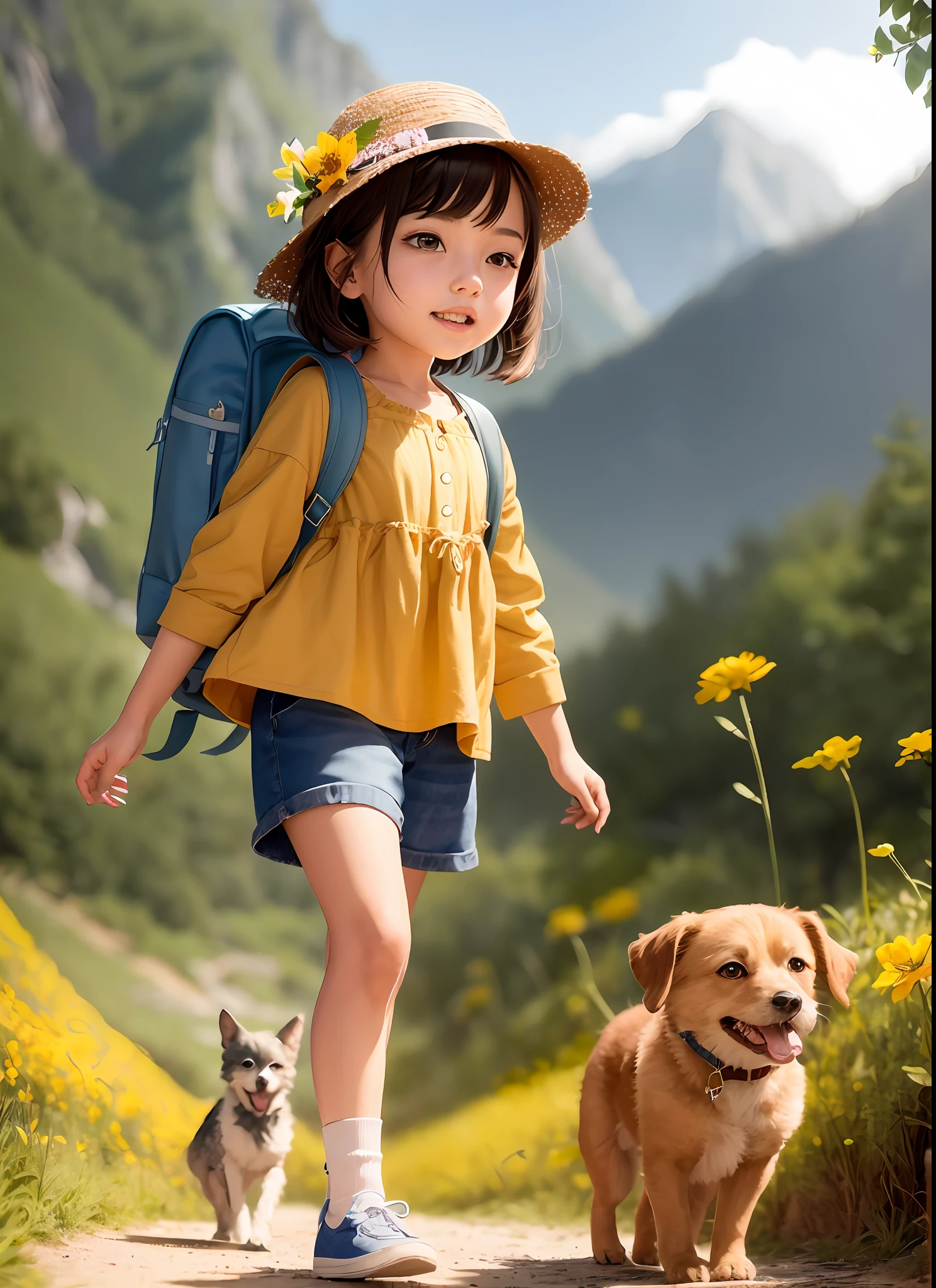 there is a girl walking with a dog on a path, adorable digital painting, childrens art in artstation, artwork in the style of guweiz, cute detailed digital art, atey ghailan 8 k, adventure hyper realistic render, by Leng Mei, realistic anime 3 d style, female explorer mini cute girl, cute digital art, realistic cute girl painting