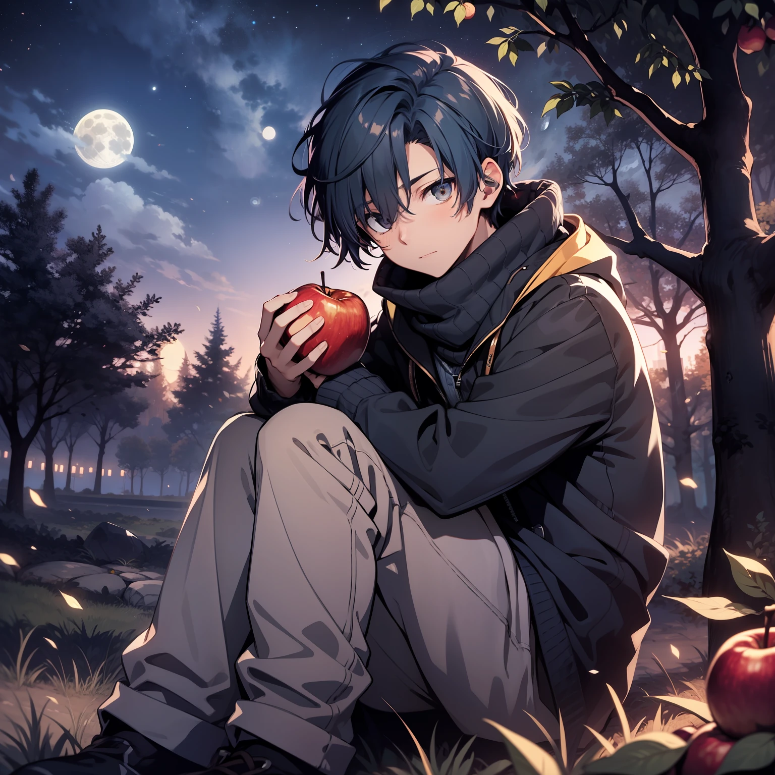 One Young Boy, 17, dark blue hair, Kirito Hair, dark blue scarf, shy posture, wearing a black wool sweater, sitting behind a tree, surrounded by apples, at night, full moon, looking at the viewer, 4K, Masterpiece, Good Anathomy