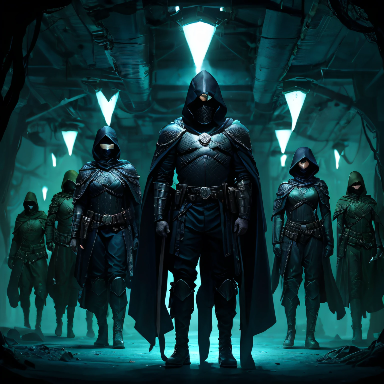 Through the magic of Pixar's 3D animation, an impressive army of hooded soldiers emerges. Each of them wears a spectral armor that perfectly matches the black and green technological theme. The dark hoods add a mysterious touch to their figures, while the armor reflects a futuristic, high-tech aesthetic. The shades of black and green merge harmoniously, creating an engaging and immersive environment. The army stretches as far as the eye can see, displaying an imposing formation and an aura of power --auto