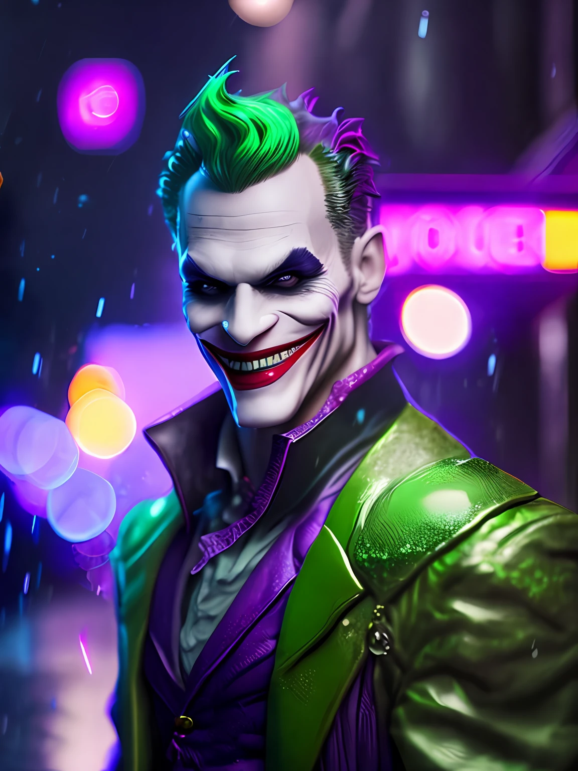 Portrait, DC Joker, smiling, full growth, hyper-realistic, insane little details, extremely clean lines, masterpiece presented in Zbrush Central, cyberpunk, award-winning photo, bokeh, neon lights, dark night, heavy rain, bright city lights