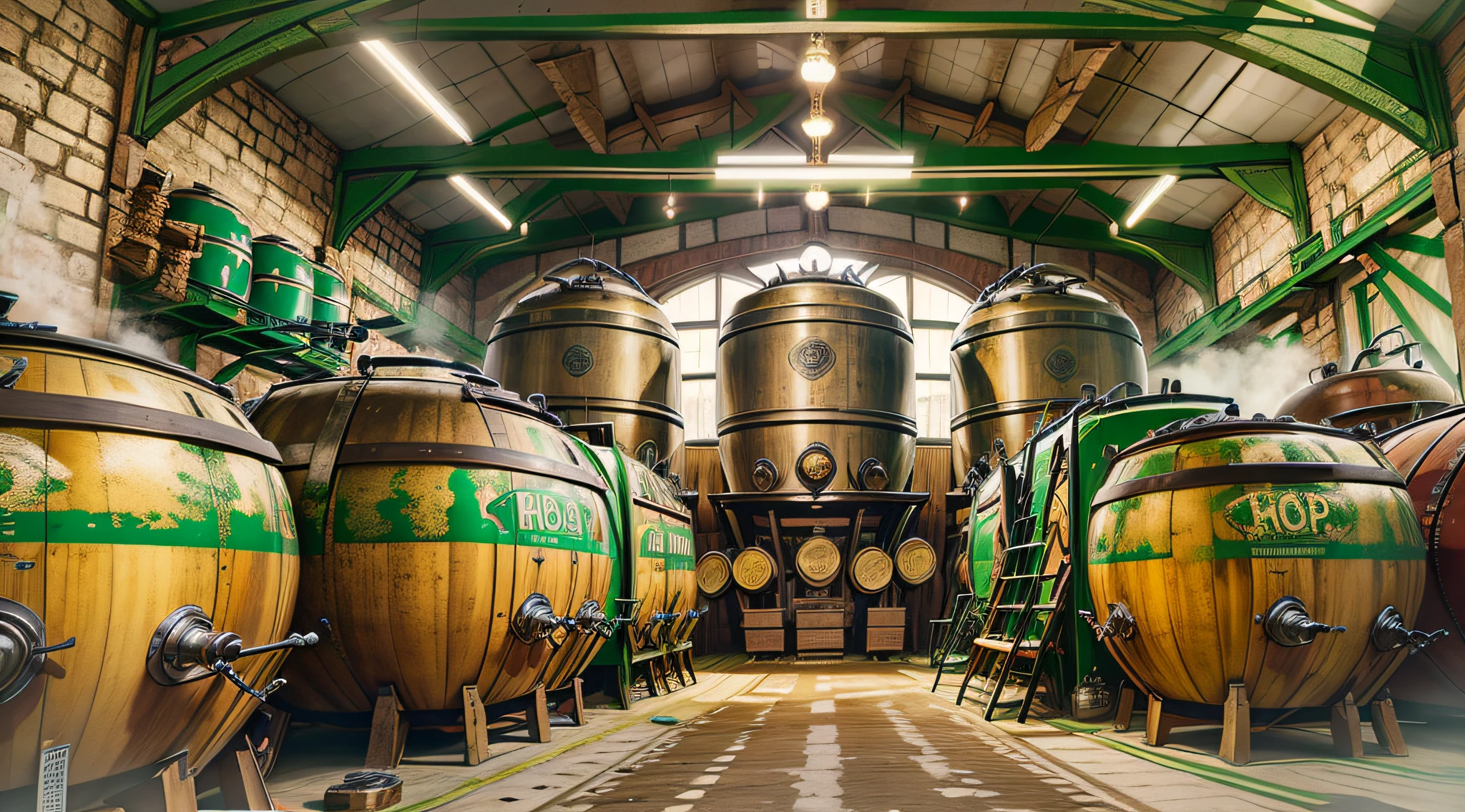 antique brewery, large, rustic, magical, surreal, alchemy, barley, hops, beer mugs, barrels, production process, beer alchemy, magical environment