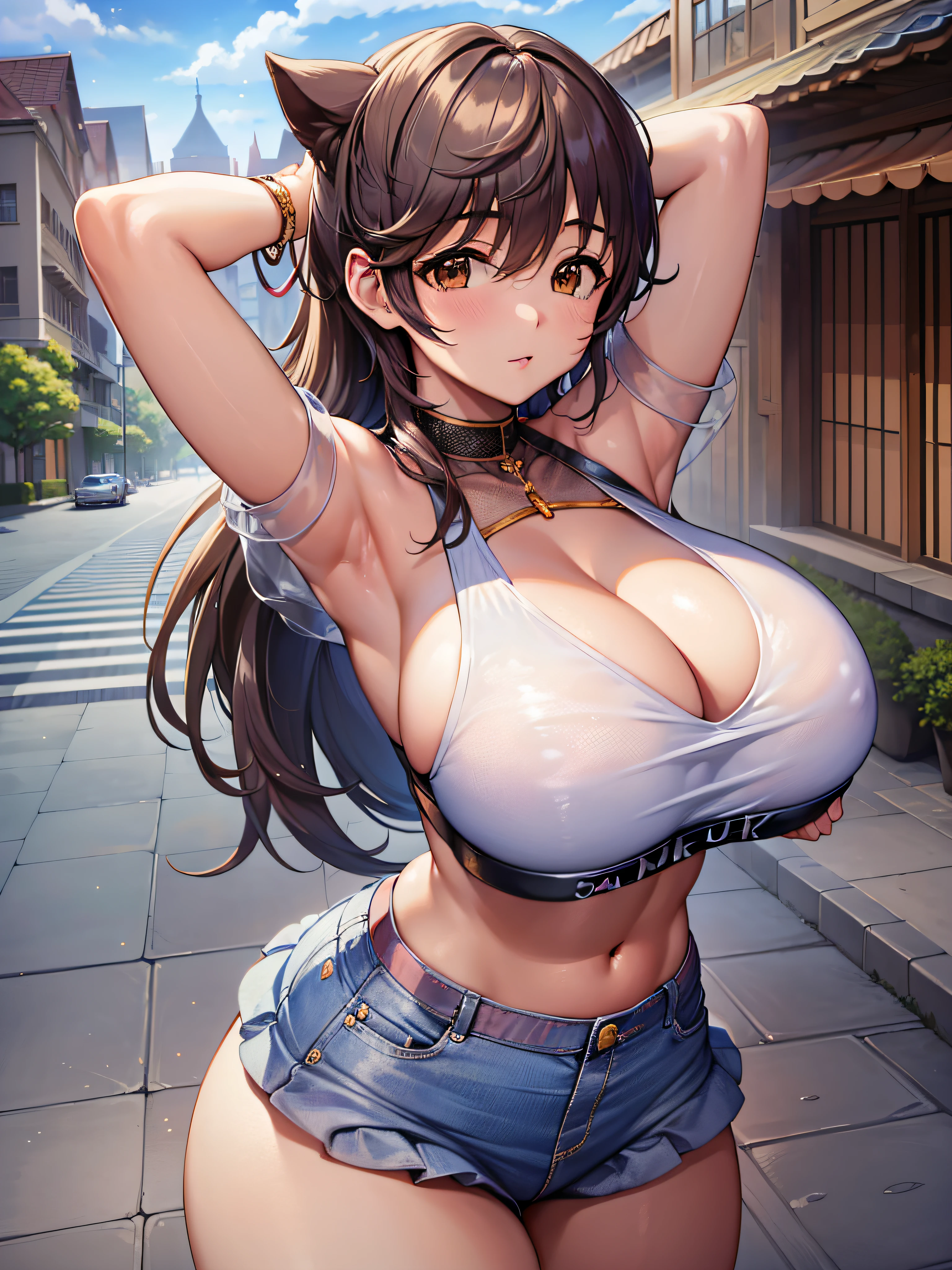 (masterpiece)), ((best quality)), (ultra-detailed), ((kawaii)), cute, (lovely), ((extremely detailed)), 4K, (8K), best quality, (beautiful), full body, teenage, solo, ((gigantic breasts)), (((sagging breasts))), armpits,  (curvy), oikawa shizuku, from side