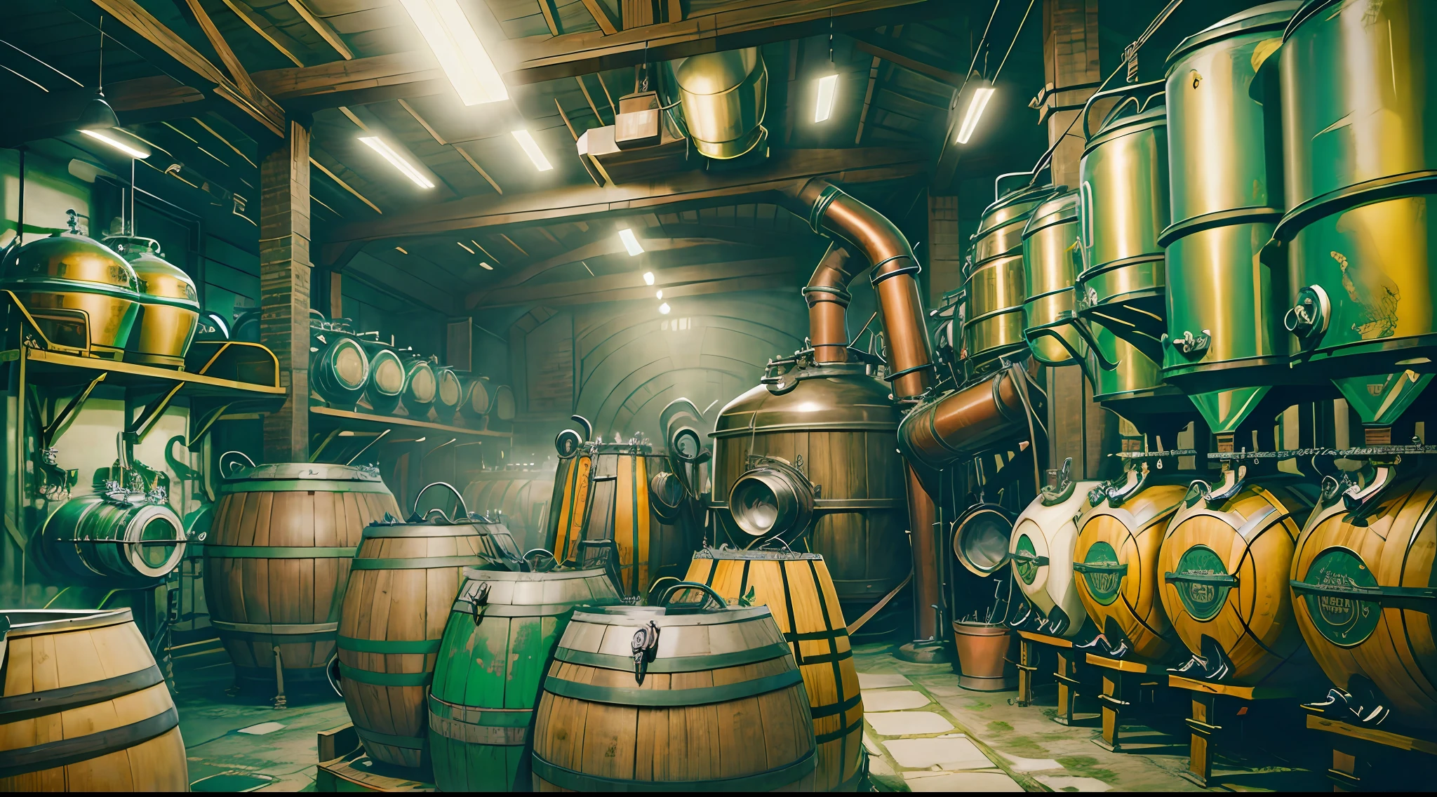 antique brewery, large, rustic, magical, surreal, alchemy, barley, hops, beer mugs, barrels, production process, beer alchemy, magical environment