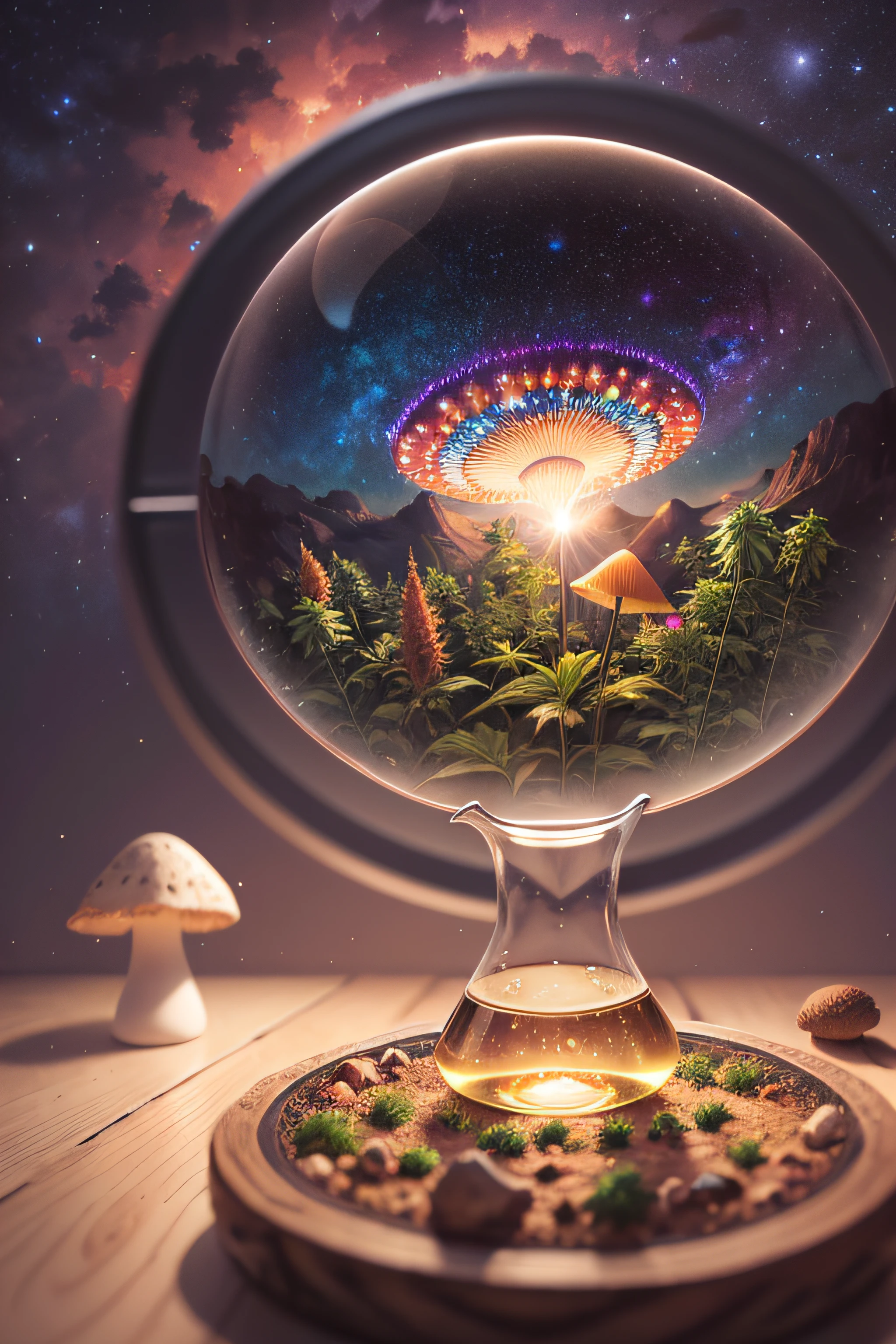 A starry night with three bright elements: in a corner the marijuana with its bright and detailed leaves, next to it stunning magic mushrooms with realistic texture and in the center an illuminated glass of ayahuasca, in the background I want an incredible sky with a planet surrounded by rings, I want the 8K image as realistic as possible with mystical and psychedelic elements