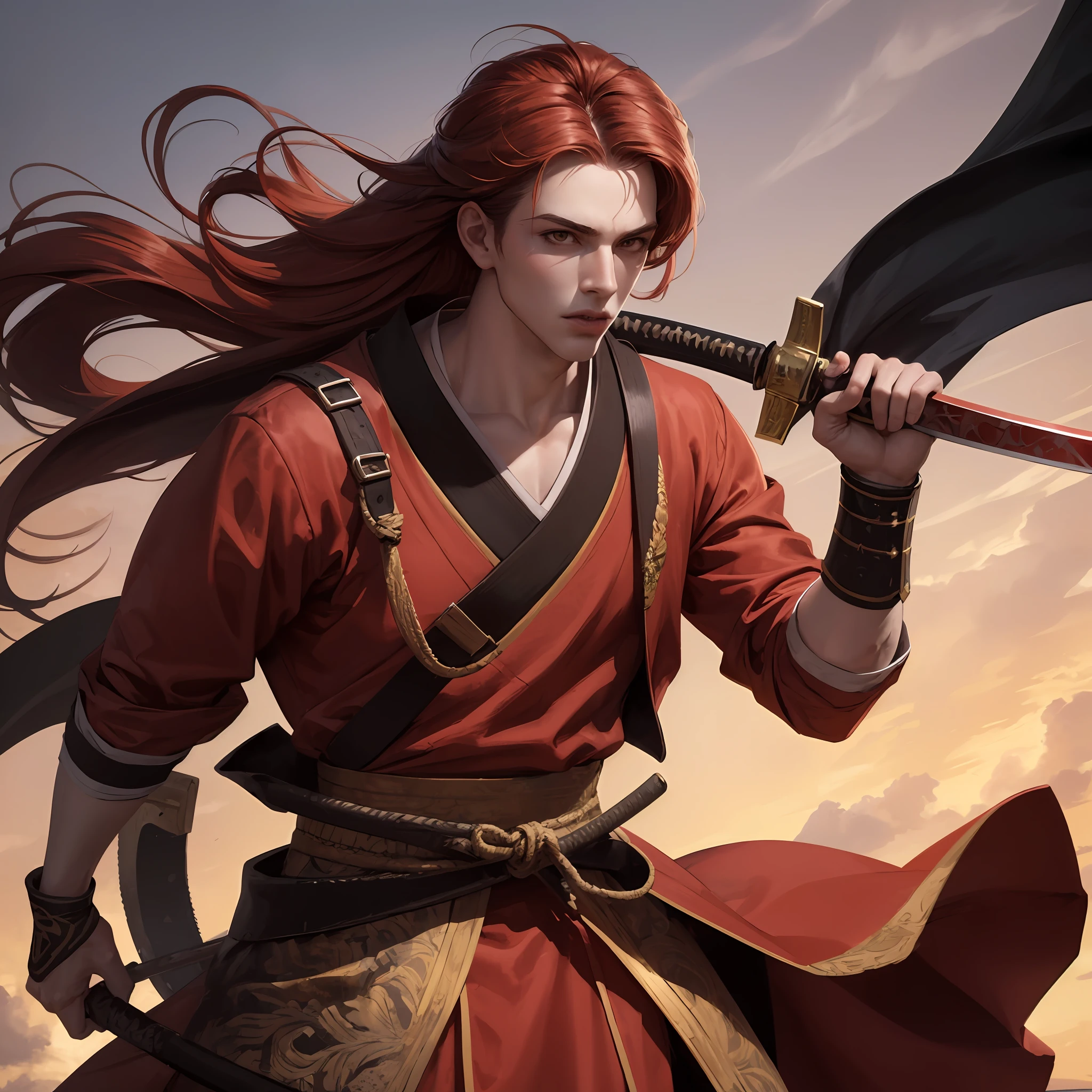 Tall and muscular man, yellow eye, long red hair with, samurai outfit, holding a sword, (realistic photo) dynamic pose, super detailed, high resolution, fine details, illustration, beautiful boy