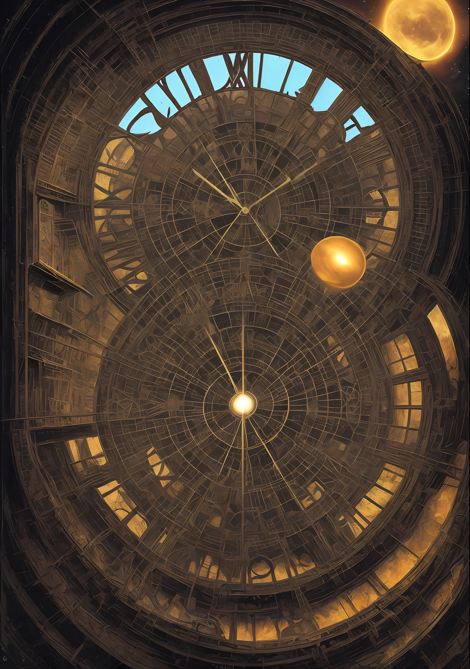 concept artwork, M.C Escher + Architectural Art + b/w photography by Pierre Verger / style fusion /A collapsed clock, whose twisted gears merge with human bones, marks time in a universe where the present, past and future are intertwined in a turbulent reality. / Blood/mystical and spiritual atmosphere / dark tones / supernatural/Macro lens/Surreal juxtapositions/Lovecraft, Horror Cosmic/ terror 90s --ar 1080:1350 --c 12