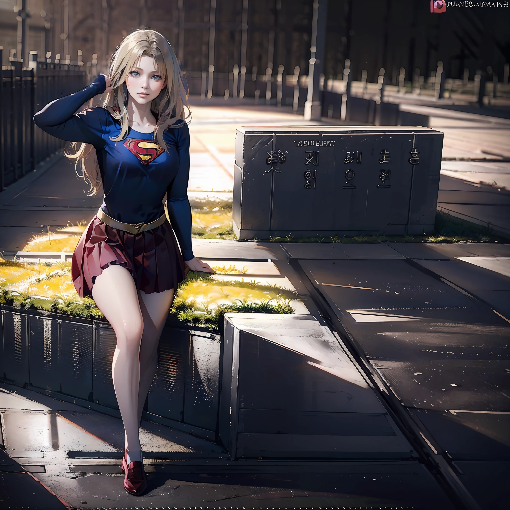 ((best quality, best resolution, absurd, 8k, masterpiece)) ,1girl, woman,Helen Slater (Supergirl Actress),young woman, 19 years old, long blonde hair, expressive blue eyes, female Korean school uniform (white blouse and pleated miniskirt), Supergirl cosplay wearing Korean female school uniform, medium-large bust,