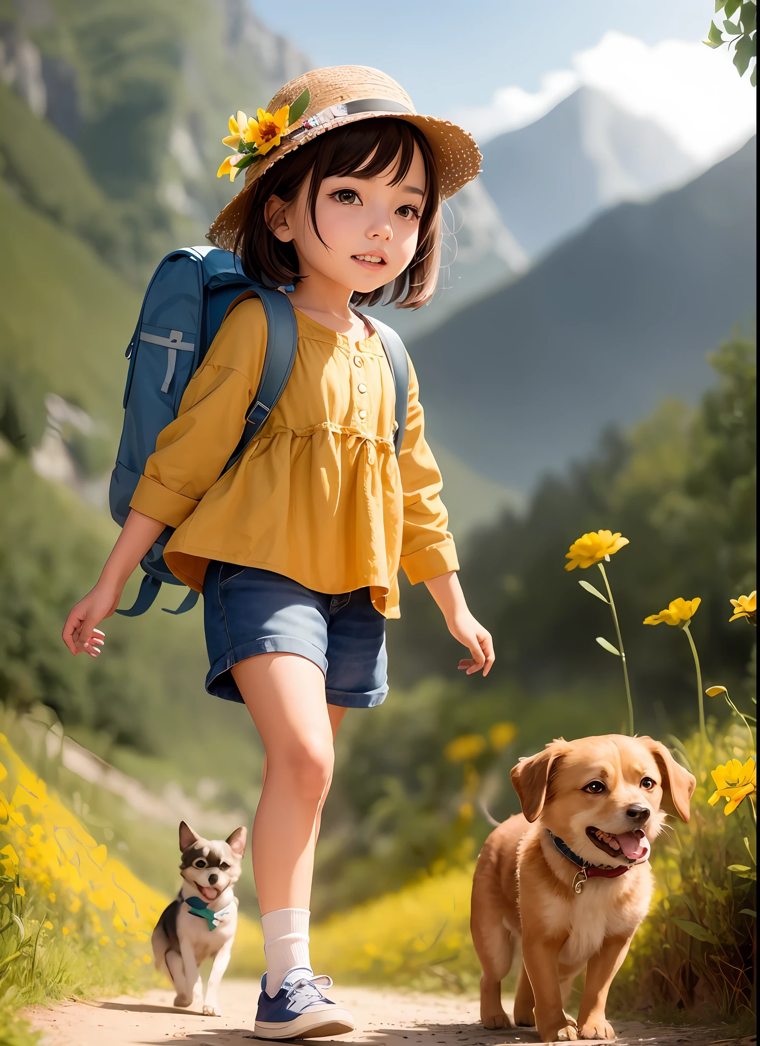 there is a girl walking with a dog on a path, adorable digital painting, childrens art in artstation, artwork in the style of guweiz, cute detailed digital art, atey ghailan 8 k, adventure hyper realistic render, by Leng Mei, realistic anime 3 d style, female explorer mini cute girl, cute digital art, realistic cute girl painting