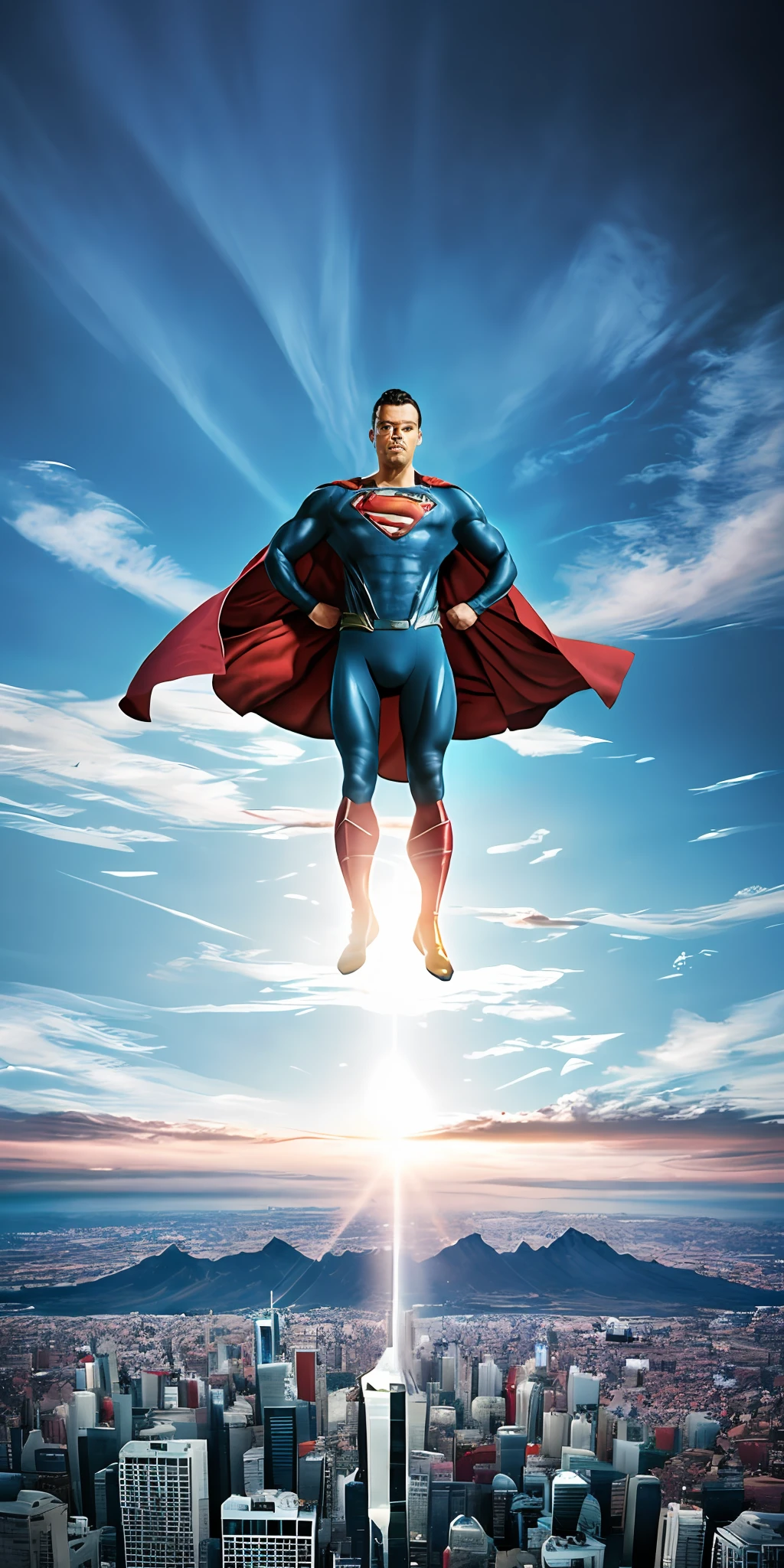 GuttonerdVision5, a 45-year-old man, wearing glasses, detailed skin, detailed face, pores, whole body in the scene, wearing Superman's uniform in the center of the image posing for the photographer. The outfit is detailed with its logo on its chest and red cape fluttering its back. The outfit is from the movie "Man of steel". The man is standing in mid-air with his cloak fluttering, having the city below him blurry. The lighting is cinematic, and the scene very detailed in UHD. Photorealism is the trend of this award-winning photography.